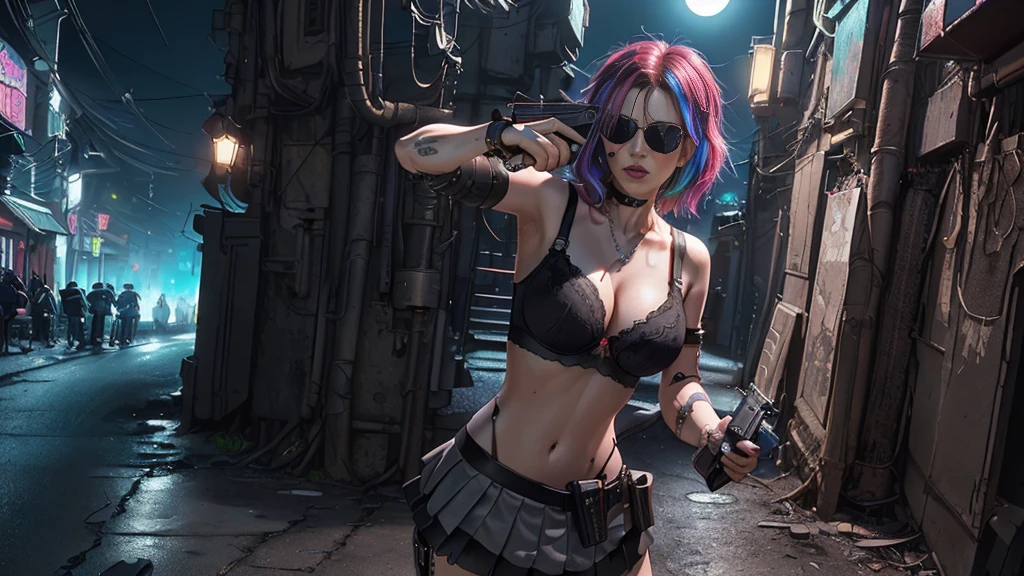 (Realistic:1.4) cyberpunk girl images, (highest quality, 8k, 32k, masterpiece) , (Dynamic pose), ((Front camera)), Cowboy Shot, Shapeless hair, Multicolored Hair, Colorful cyberpunk combat armor, Depth of written interface f/1.8, high angle view of Cyberpunk city (((((at night))))) as background. (((1girl, solo))), photo realistic, (medium-breast slim body, cleavage), (((full bra top, extreamly short pleated (((miniskirt))) exposing panty))), (((((matrix style black sunglasses))))), (((((((aiming at viewer with a (pistol), (looking at camera)))))))), (((((half-body (thigh level) medium shot))))), (cinematic lighting).