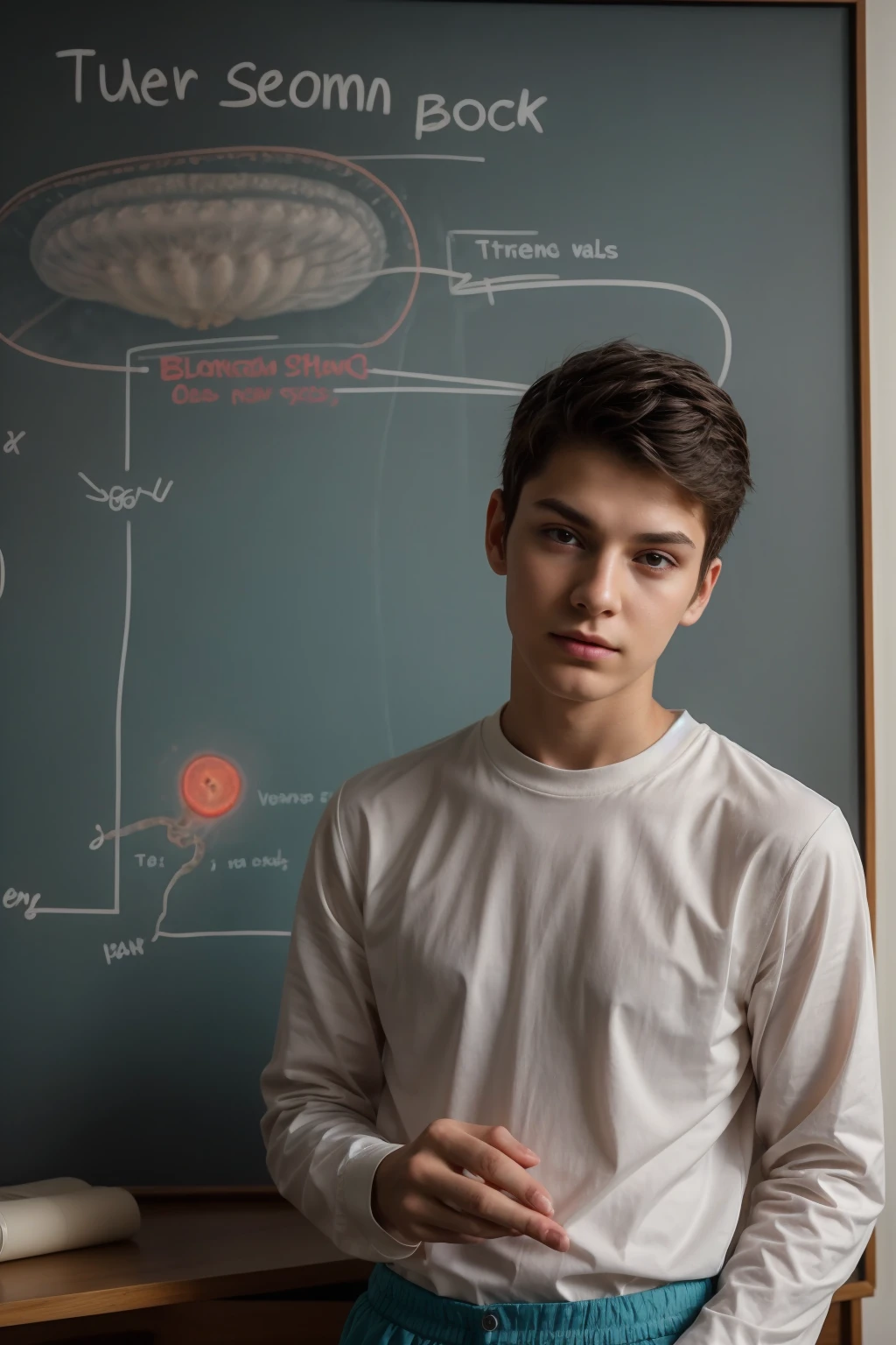 A beautiful young man, a cute male twink, with black hair, a face with reddish make-up, wearing a bright white long-sleeved shirt and aqua blue pants. He is in his office, and behind him is a blackboard on which is written the shape of the brain and its anatomy, and nuclear energy comes out of it, and he looks on proudly.