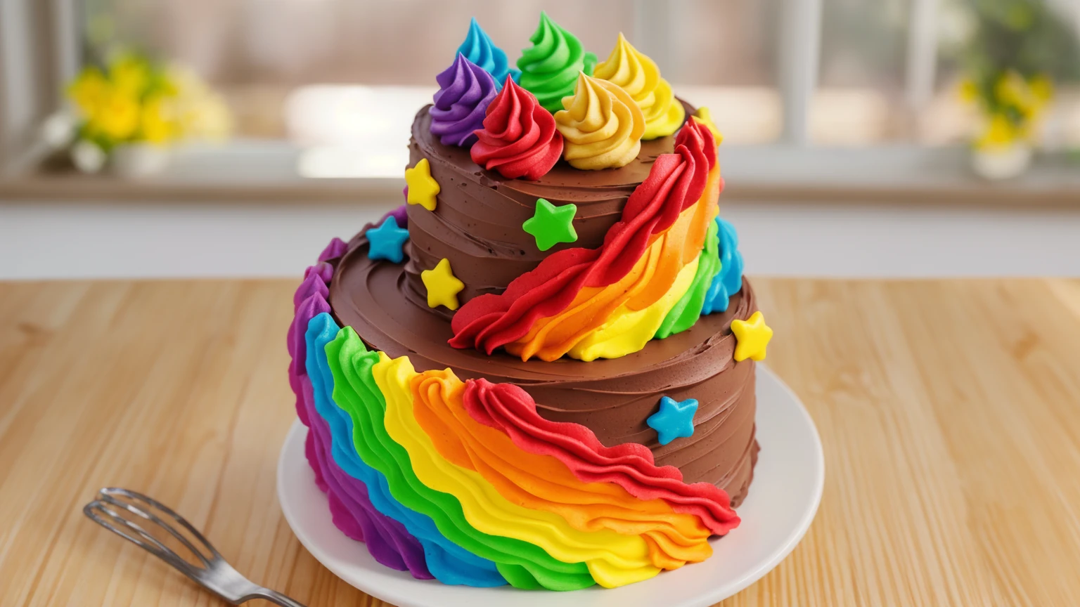 on a wooden table. there is a white plate. double tier chocolate cake ((chocolate cream texture, strokes of a pastry spatula)), rainbow cream in stitches, decorated with rainbow stars made of polymer clay, multi-colored cream on top ((cream highlights)), against the background of the kitchen, Beautiful light from the window, contour light, Multiple light sources, beautiful lighting, Bright light source, bright lighting, beautiful light sources, Multiple light sources, Realistic style , realistic texture, detailed texture, A high resolution, high quality, macro photography