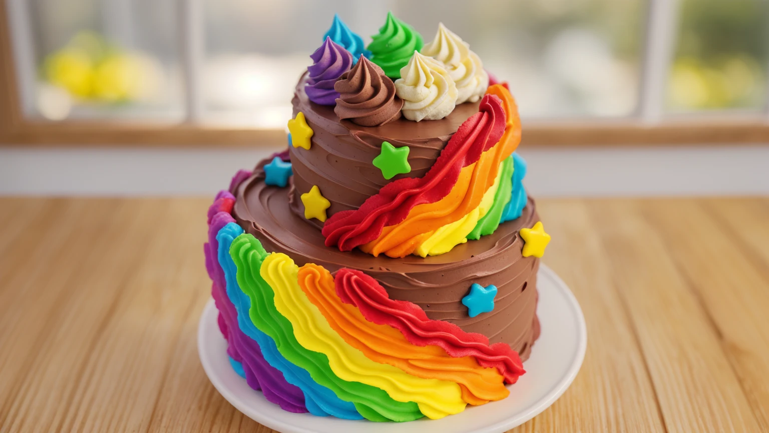 on a wooden table. there is a white plate. double tier chocolate cake ((chocolate cream texture, strokes of a pastry spatula)), rainbow cream in stitches, decorated with rainbow stars made of polymer clay, multi-colored cream on top ((cream highlights)), against the background of the kitchen, Beautiful light from the window, contour light, Multiple light sources, beautiful lighting, Bright light source, bright lighting, beautiful light sources, Multiple light sources, Realistic style , realistic texture, detailed texture, A high resolution, high quality, macro photography 