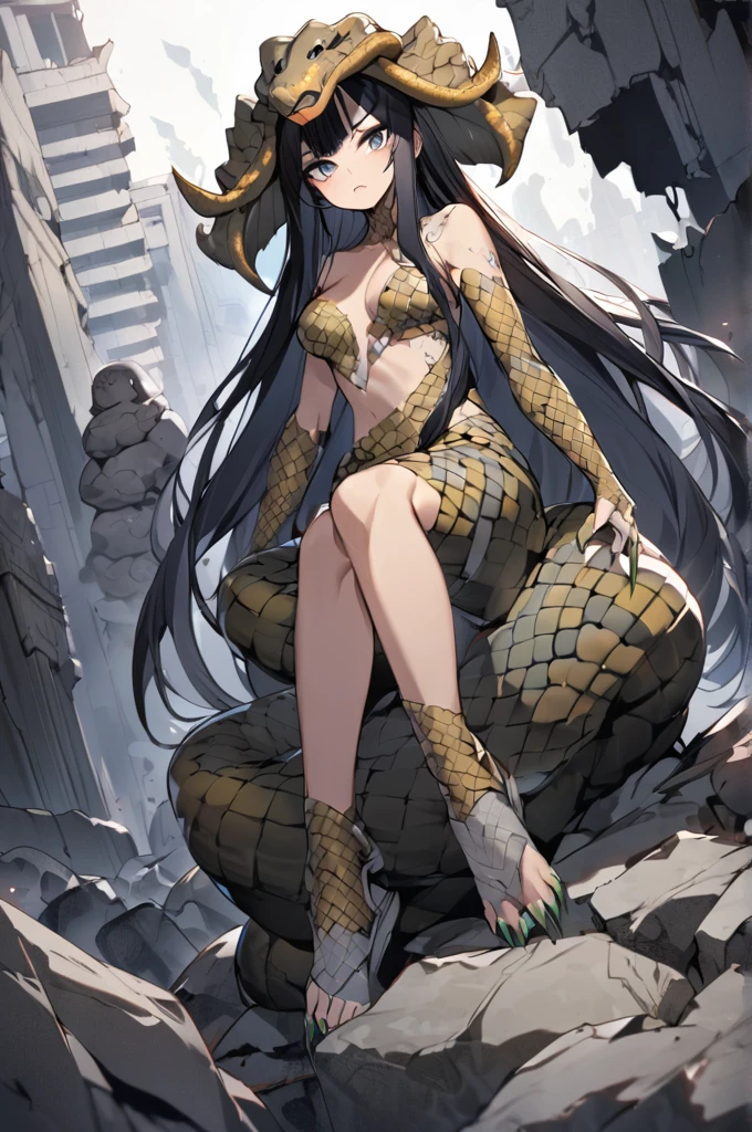 Snake woman, medium breasts, defined, long black hair with a bluish tip, long sharp nails, dressed in wild costumes, background of a temple in ruins Several men turned to stone