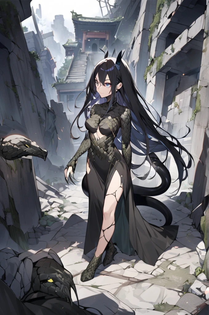 Snake woman, medium breasts, defined, long black hair with a bluish tip, long sharp nails, dressed in wild costumes, background of a temple in ruins Several men turned to stone