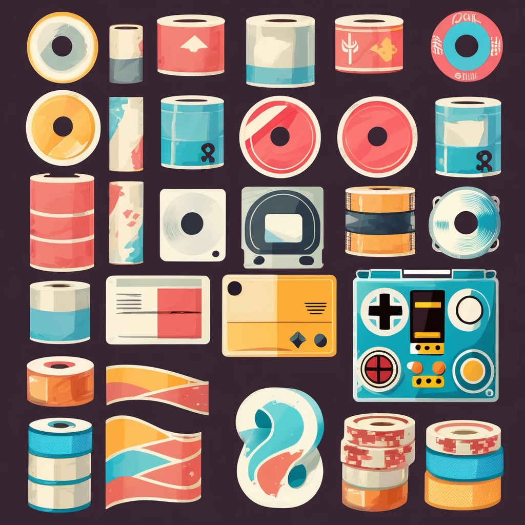 {adhesive tape}, { Game icons }, Worn Label, Simple Illustration, Brand Logo, Moderate Saturation, solid color background, correct, logo, dusty, Realism