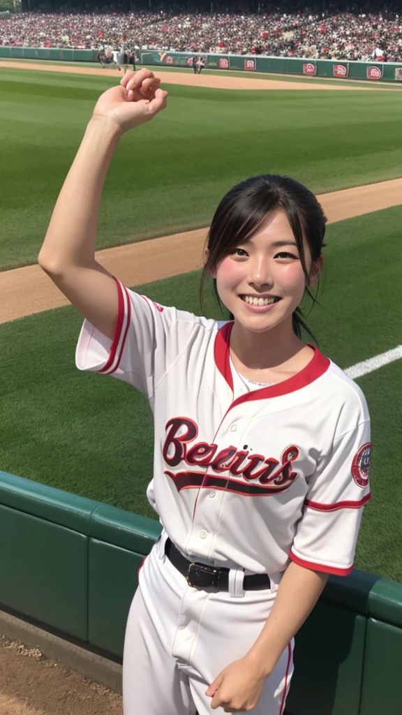 Koshien Stadium outfield seats、Beer seller、cute、smile、Red Face、He's carrying a beer server on his back。Sweating。