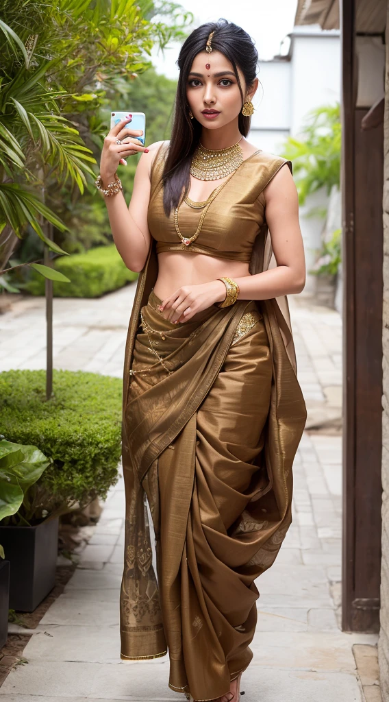A woman wearing a sari taking a photo, Indian goddess, Traditional beauty, Indian, Beautiful Goddess, Brilliant , Indian style, Indian super model, Beautiful maiden, Gorgeous Woman, Southeast Asia's long, provocative Indian, Gorgeous beautiful woman, Complicated costumes, Hindu aesthetics, Beautiful Asian Girl, Highly detailed goddess shot, Incredible beauty, Big deep cleavage sexy navel,Full nudity、Nude Model、Painting、Beautiful nipples、Glamour