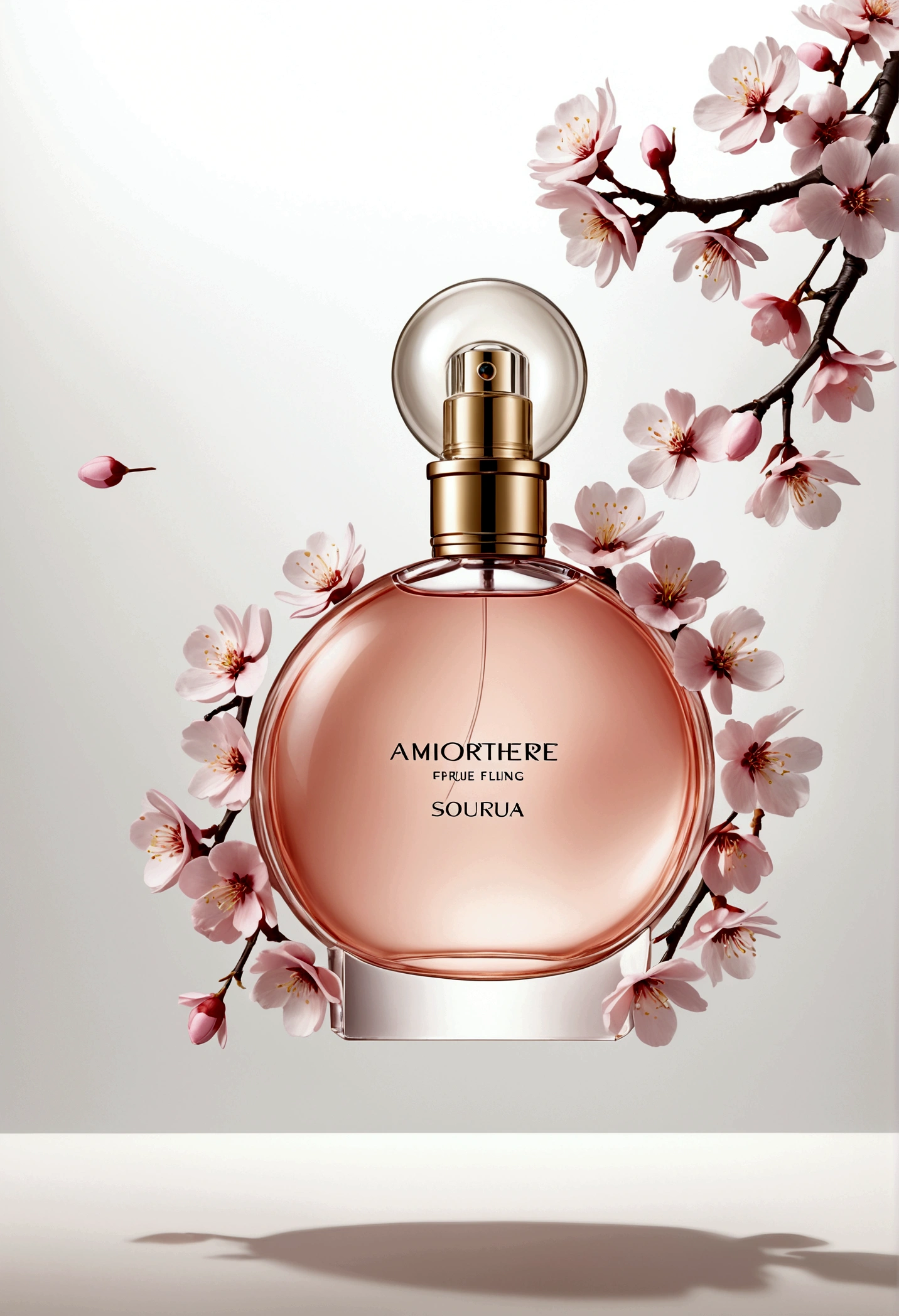 китайские perfume, atmosphere. perfume, perfume bottle, perfume, китайская atmosphere, design, atmosphere, sakura, sakura flowers flying, Without background,, White background, не большой perfume bottle на камне