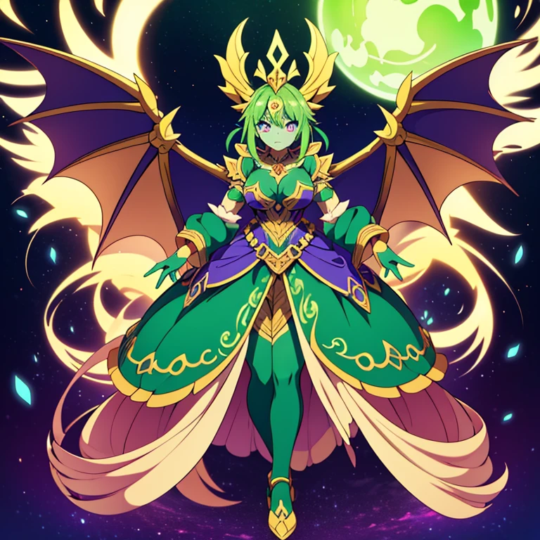 Draconlore is a Pokémon with a humanoid form that exudes an ancient and wise demeanor, embodying the spirit of a lorekeeper deeply connected to dragon mythology. Its towering figure is adorned with scales of deep emerald green and shimmering gold, reminiscent of dragonhide armor. Intricate runes and symbols are etched into its skin, glowing softly with arcane energy. Draconlore's eyes gleam with wisdom and insight, their irises swirling like molten goldFull body, beautiful eyes , 1 girl , full body , cute girl , anime style ,princess , ball gown , cute eyes
