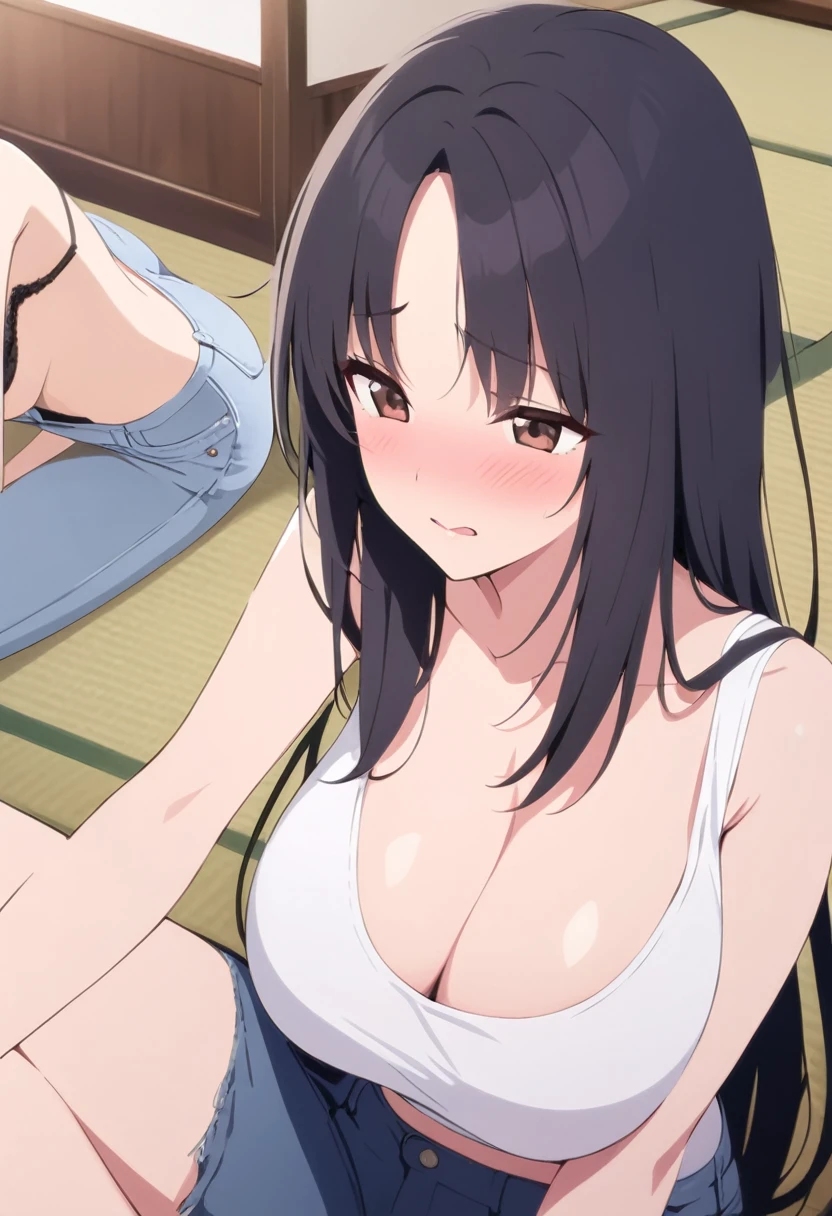 masterpiece、Highest quality、Best image quality、High resolution、Big Breasts、White tank top、jeans、Black Hair、Long Hair、Brown eyes、Married Woman、30th Generation、woman、On the tatami、Black Bra、Embarrassed