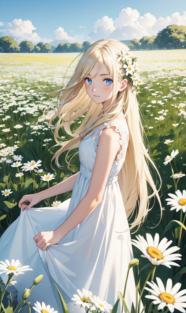 1girl,in a field of flowers,white flower,looking at viewer,blue eyes,blonde hair,daisy,long hair,pure white dress,