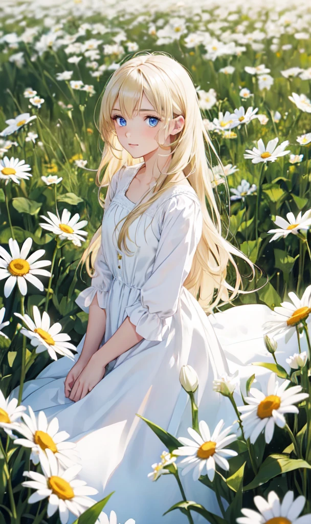 1girl,in a field of flowers,white flower,looking at viewer,blue eyes,blonde hair,daisy,long hair,pure white dress,