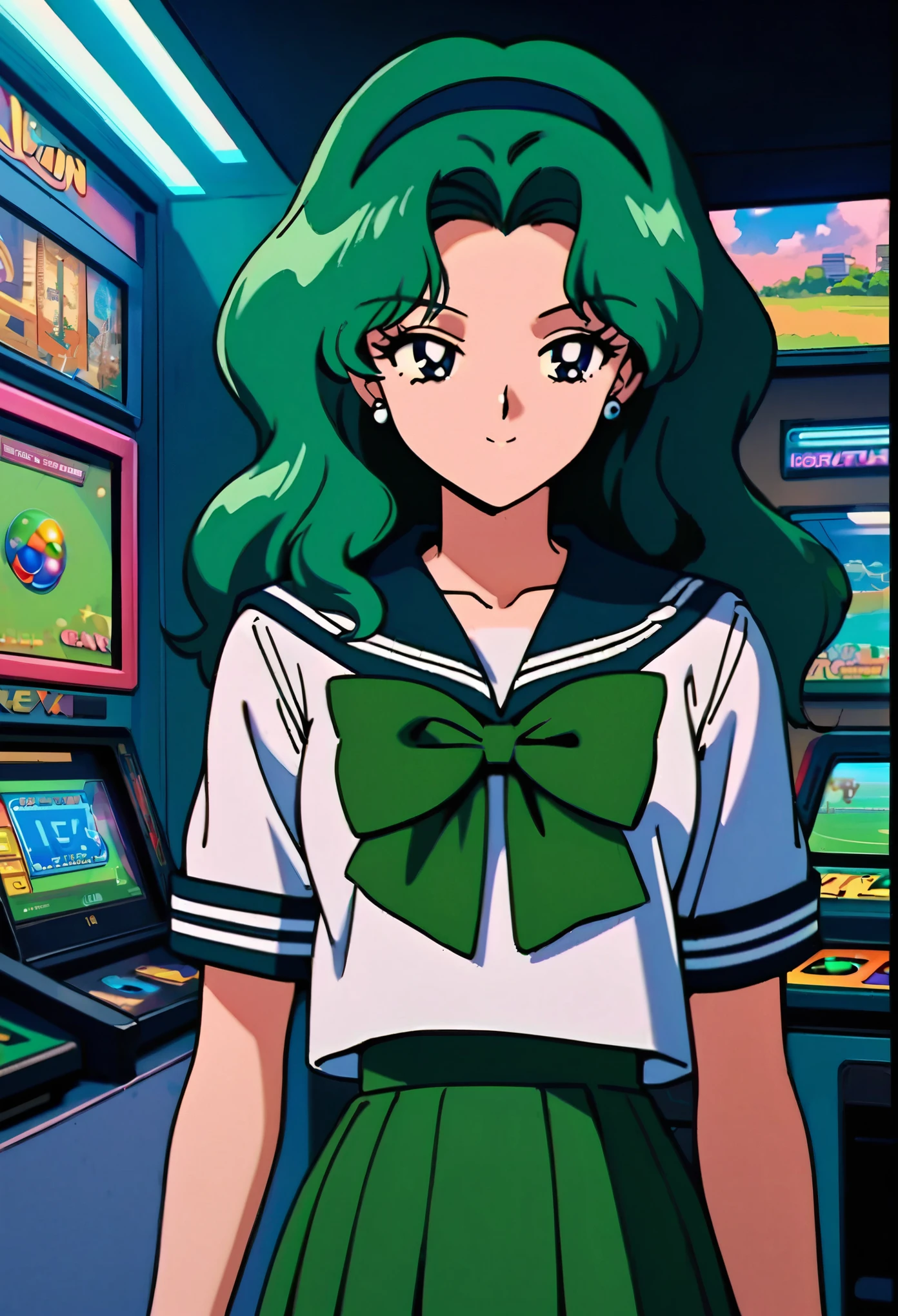 masterpiece,best quality,very aesthetic,ultra detailed,intricate details,Sailor Neptune XL,1990s \(style\),1girl,solo,long hair,green hair,mugen ,earrings,jewelry,smile,serafuku,sailor collar,bow,hairband,Game Center,indoors,cowboy shot,standing,