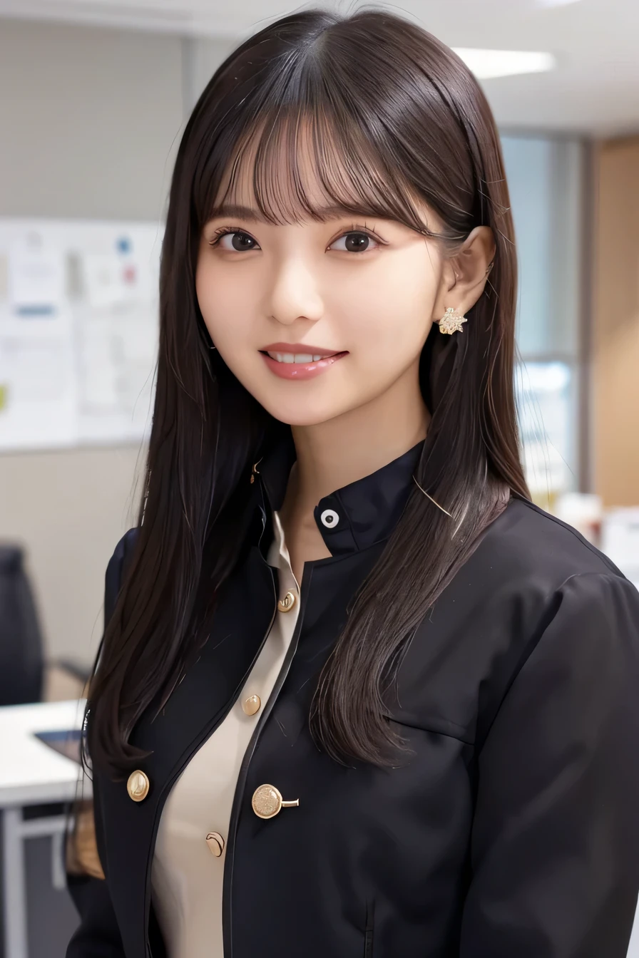 Intricate details, 、ear piercing、looking at the camera、、smile、Beautiful teeth alignment、Black Hair、 、Clear beauty, (High quality fabric, Office Lady Suits 、Jacket、Unbuttoned shirt、Necklace around the neck、Dark eyeliner、 The background is the office