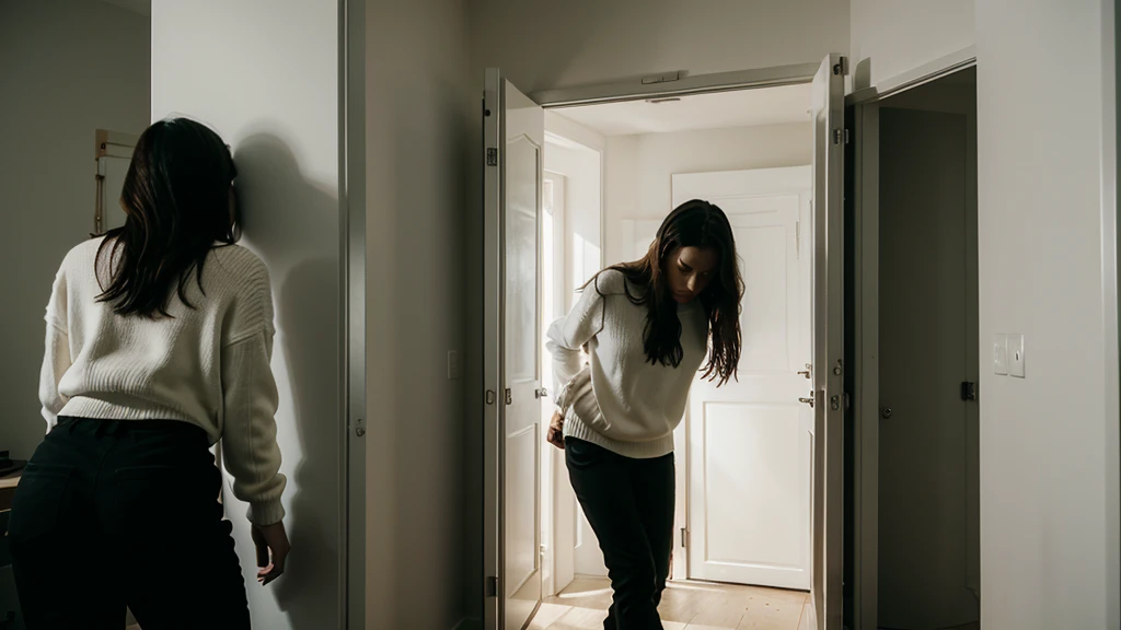 A room where the window slams shut and the door locks on its own, trapping a terrified women who is wearing white sweater and black pant, inside, surrounded by darkness