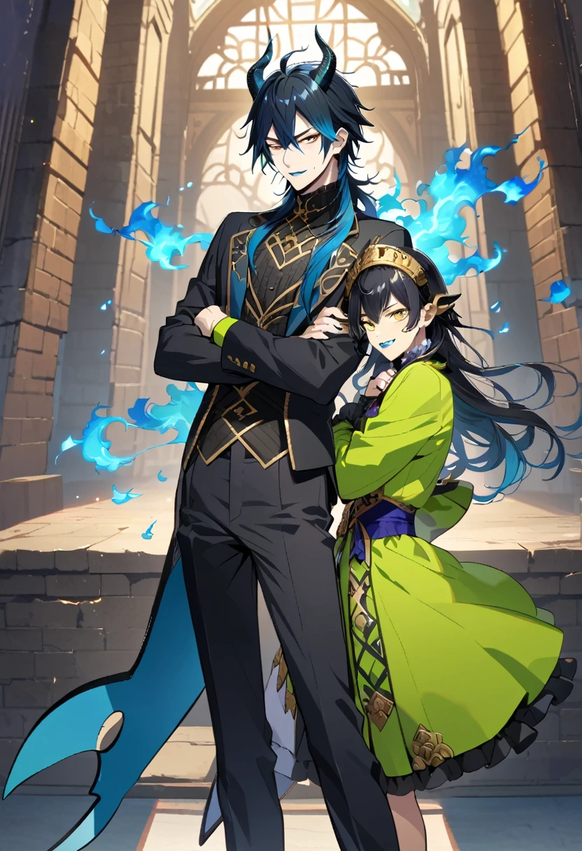 (pieces fly), (highest quality), very detailed, ((two men)), perfect face, beautiful face, very detailed face,full body shot, (black haired man:1.3),(blue haired man:1.3),suit,shirt,smile,flower,masterpiece, best quality, full body shot, (1nd boy, malleus draconia \(twisted wonderland\) horns, bishounen, boy, male, yana Toboso style, long hair, black hair, yellow green eyes, smile, gray lips, handsome, skinny, tall, yellow green glow, anime style), (2st boy,Idia Shroud, bishounen, boy, male, yana Toboso style, extremely long hair, blue hair, blue fire hair, wavy hair, yellow eyes, tired expression, blue lips, handsome, skinny, geeky, blue glow, shark teeth, anime style,) Two men are hugging each,