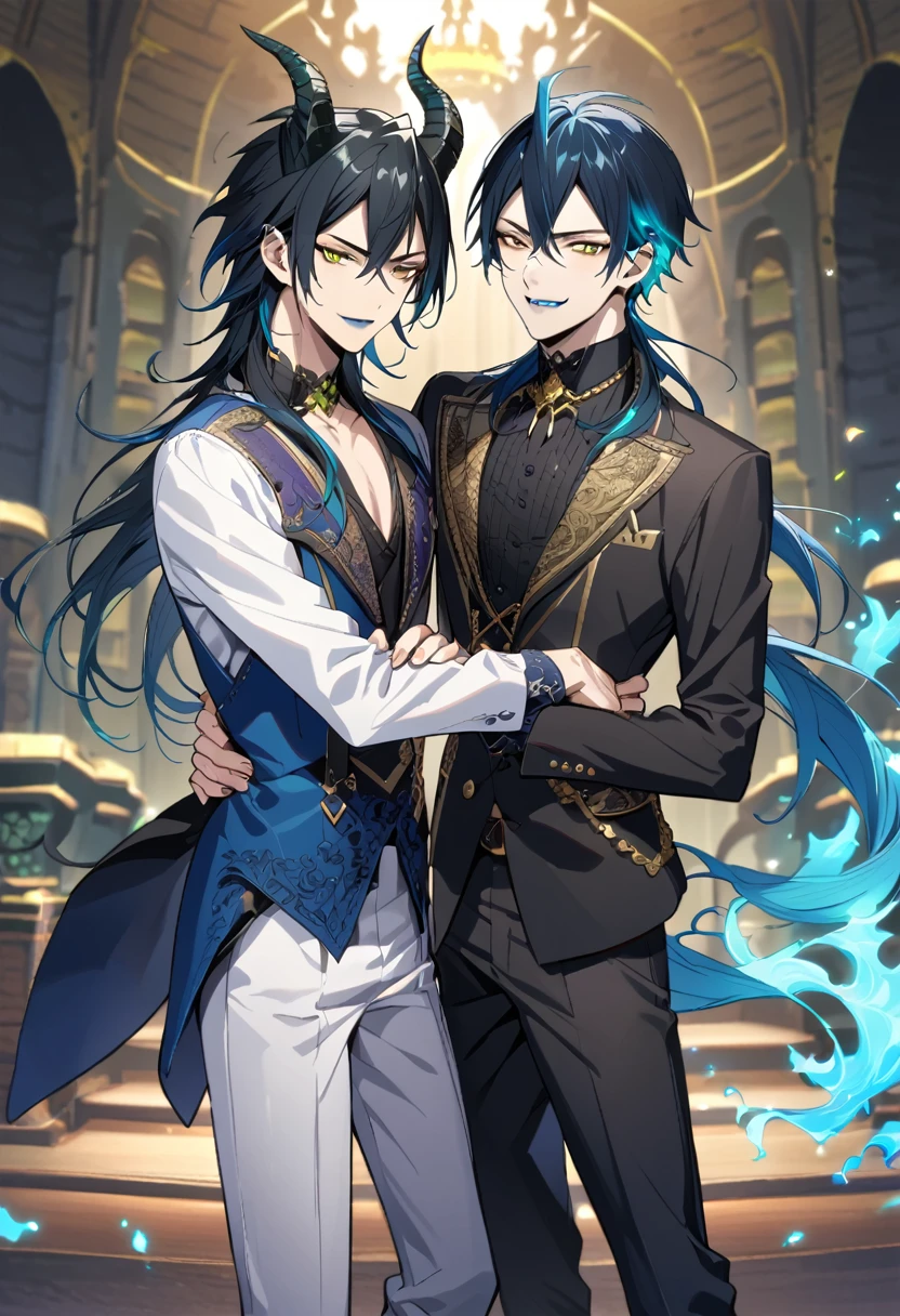 (pieces fly), (highest quality), very detailed, ((two men)), perfect face, beautiful face, very detailed face,full body shot, (black haired man:1.3),(blue haired man:1.3),suit,shirt,smile,flower,masterpiece, best quality, full body shot, (1nd boy, malleus draconia \(twisted wonderland\) horns, bishounen, boy, male, yana Toboso style, long hair, black hair, yellow green eyes, smile, gray lips, handsome, skinny, tall, yellow green glow, anime style), (2st boy,Idia Shroud, bishounen, boy, male, yana Toboso style, extremely long hair, blue hair, blue fire hair, wavy hair, yellow eyes, tired expression, blue lips, handsome, skinny, geeky, blue glow, shark teeth, anime style,) Two men are hugging each,