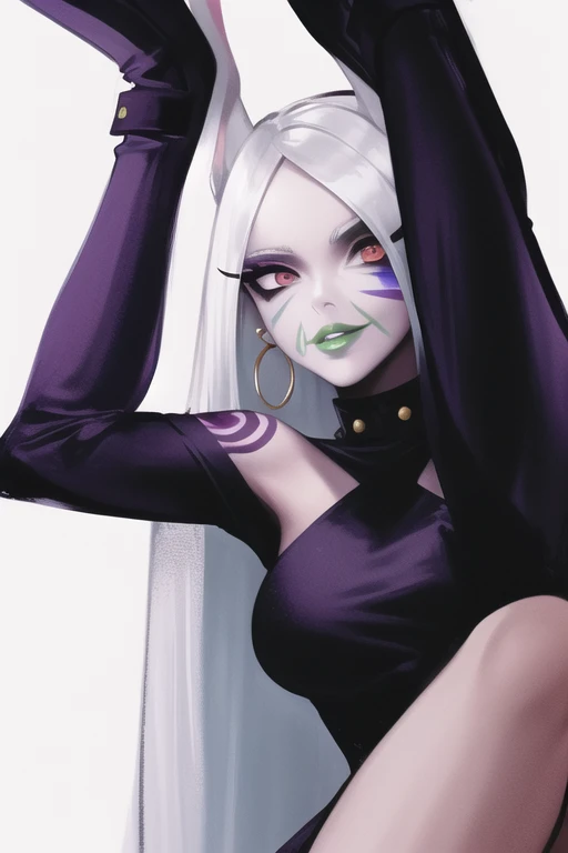 masterpiece, high res, 4k, best quality, beautiful face, detailed face, ultra-detailed, 1girl, solo, long hair, black background, neon glow, emerald green gradient hair, purple highlights, hoop earrings, dark-skinned female, tattoo, colored skin, BREAK, (yamanba, white facepaint makeup:1.3), face stickers, pursed green lips, parted lips, eyeshadow, very dark skin, makeup,(metallic glitter) jewelry, white face tattoo, large intricate hair accessories, brown skin, mirkomha, rabbit ears, red eyes, white hair, very long hair, fur collar, dark skin, dark-skinned female fellatrix style sexy pose,leg life up