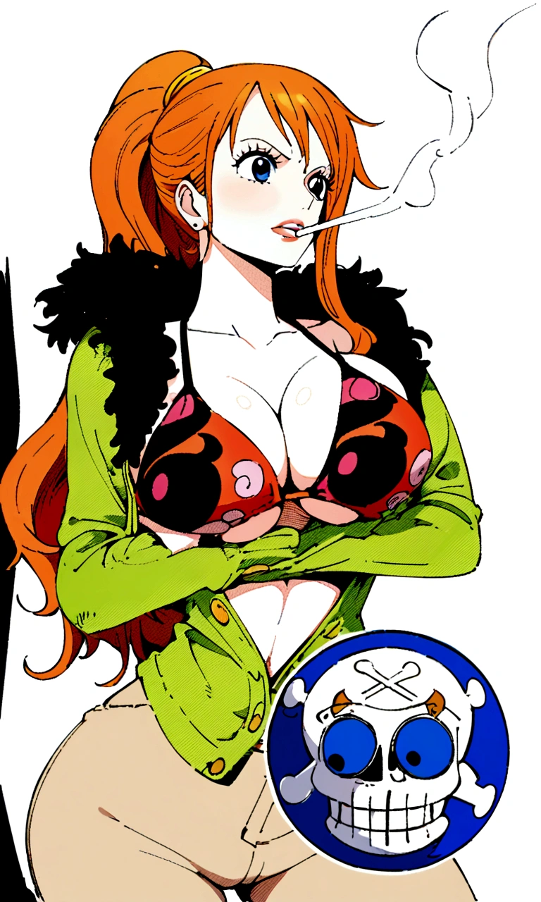 a cartoon picture of a woman in a bikini top and jeans, nami one piece, nami from one piece, nami, beautiful portrait of nami, from one piece, oppai, blue eyes, smoking, ponytail