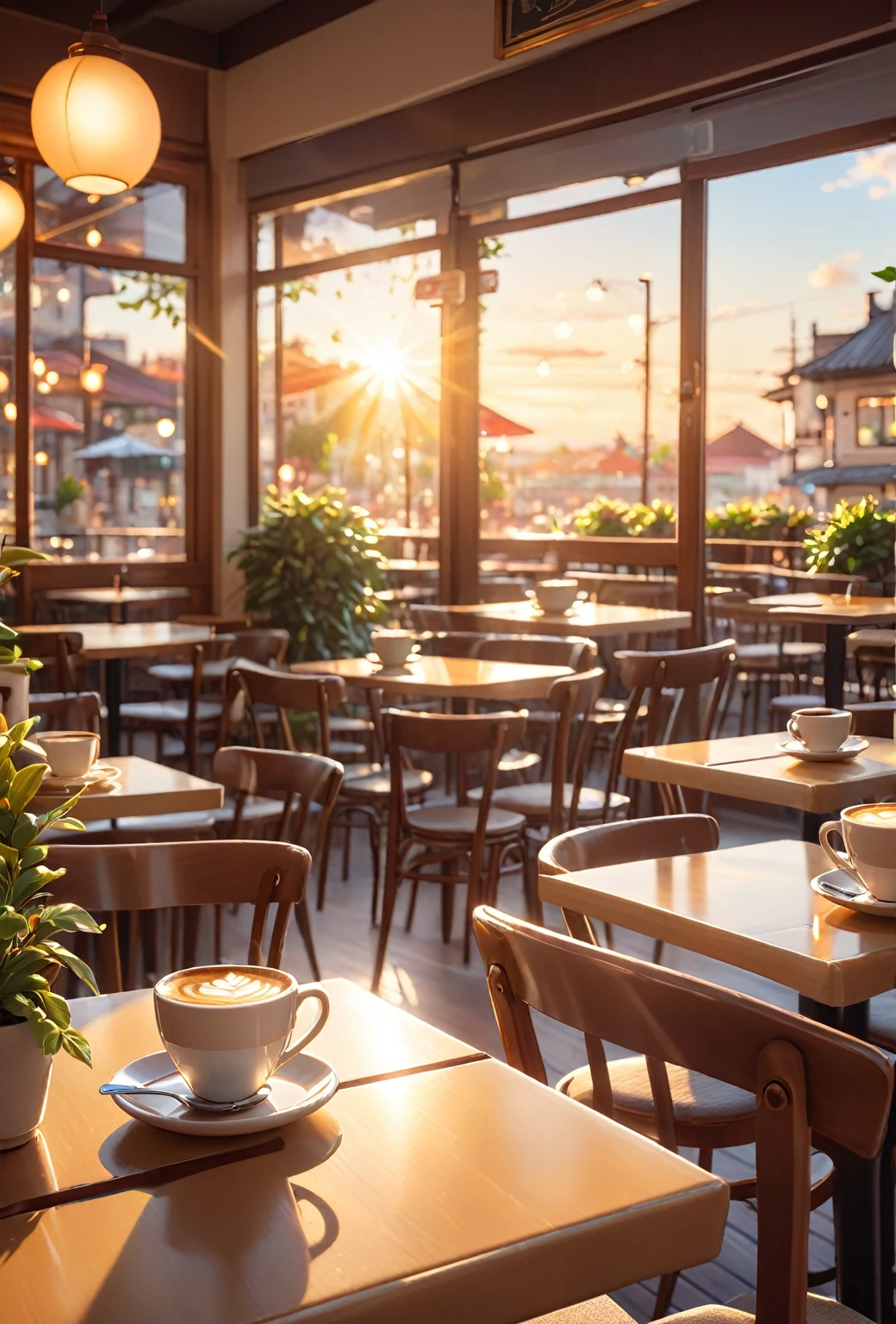 there is a table with a cup of coffee on it in a restaurant, cozy cafe background, coffee shop, cafe, cozy atmosphere, anime background art, pleasant cozy atmosphere, cafe interior, golden hour scene, in a bright cafe, cinematic morning light, radiant morning light, golden hour sunlight, sunny atmosphere, dreamy atmosphere, relaxing concept art, realistic afternoon lighting