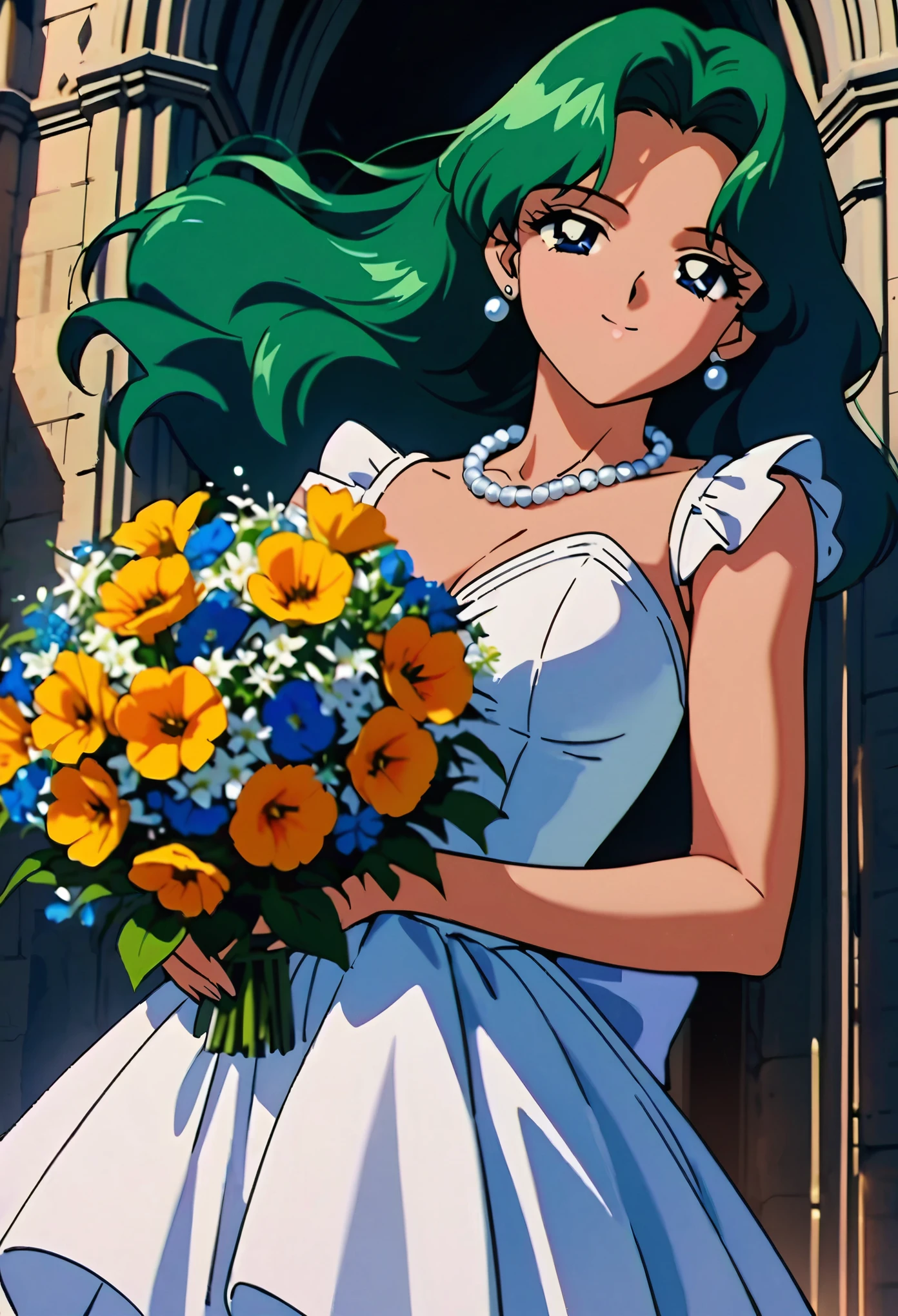 masterpiece,best quality,very aesthetic,ultra detailed,intricate details,Sailor Neptune XL,1990s \(style\),1girl,solo,green eyes,green hair,earrings,long hair,pearl necklace,wedding dress,cowboy shot,holding bouquet,Colorful flowers,cathedral,outdoors,wind,smile,looking at viewer,