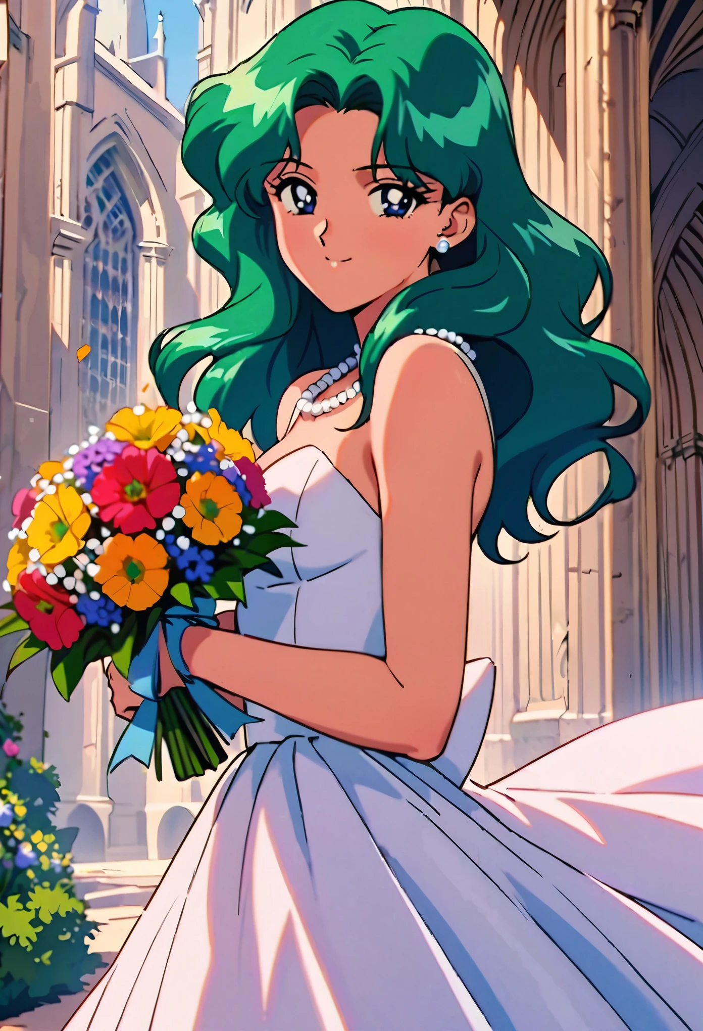 masterpiece,best quality,very aesthetic,ultra detailed,intricate details,Sailor Neptune XL,1990s \(style\),1girl,solo,green eyes,green hair,earrings,long hair,pearl necklace,wedding dress,cowboy shot,holding bouquet,Colorful flowers,cathedral,outdoors,wind,smile,looking at viewer,