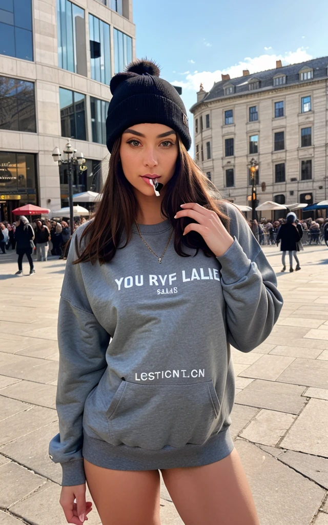 photorealistic view of woman smoking in the square with a sweatshirt and beanie