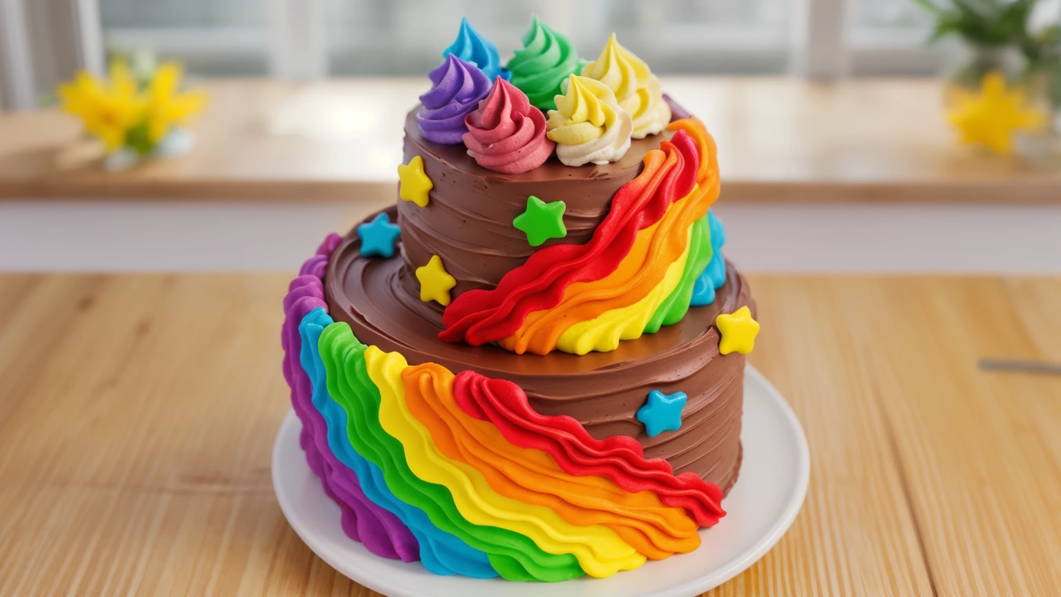 on a wooden table. there is a white plate. double tier chocolate cake ((chocolate cream texture, strokes of a pastry spatula)), rainbow cream in stitches, decorated with rainbow stars made of polymer clay, multi-colored cream on top ((cream highlights)), against the background of the kitchen, Beautiful light from the window, contour light, Multiple light sources, beautiful lighting, Bright light source, bright lighting, beautiful light sources, Multiple light sources, Realistic style , realistic texture, detailed texture, A high resolution, high quality, macro photography