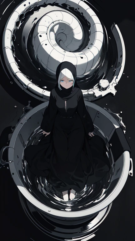 Surrealist painting,16 kg,Maximum detail,Soft texture,Deep shadows,dark,Sharp lines,((a Beautiful, A young woman feels the passage of time)),sad colors. Beautiful. hasty. Mysterious random Kazakhstan. sad. turn around. (To merge:1.2). Cracked. (whirlpool:1.2). (Eyes, shiny:1.2). abstract background. (Full body), Hijab and long dress
