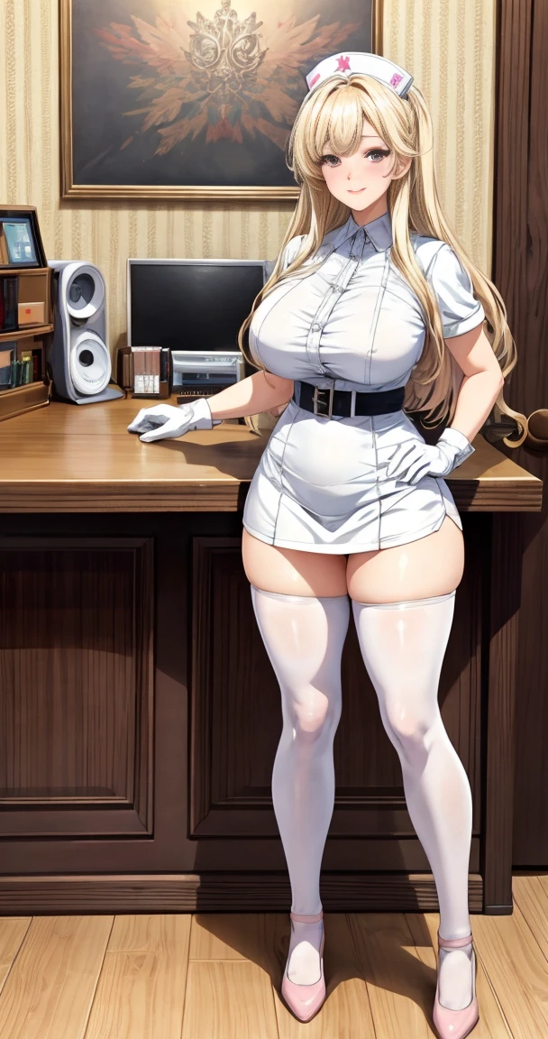 masterpiece, Highest quality, Very detailed, nurse,blonde,Medium Hair,Half Up,Big Hips, A light smile,,White gloves,White uniform,Pink Eyes,Chubby,  Small breasts,Bunny girl,Stethoscope,White pants, Highest quality, Great quality, so beautiful,