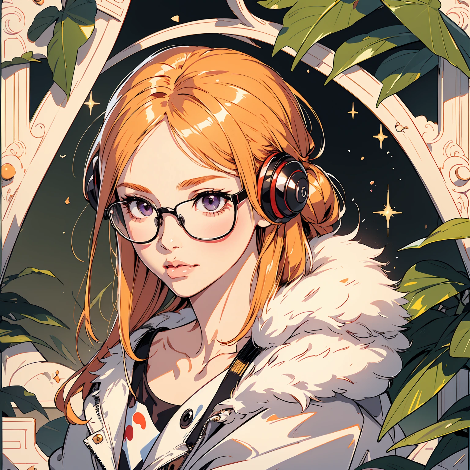 masutepiece, Best Quality, hight resolution, 1girl in, futaba sakura, Blunt bangs, eye glassesの, Burakku Frame Eyewear, Ahoge,orange color hair、  purple eyes、 eye glassesの, headphones, bura, Jacket, off shoulders, Fur trim, fur-trimmed jacket, Green jacket, Shorts, ,the golden hour,A smile that showed teeth、1black cat、tea shop、On the counter、Coffee、futaba sakura、Purple eyes、orange color hair、eye glasses、,​masterpiece、top-quality、Official art、illustratio、ligne claire、(Cool_Farbe)、perfect-composition、focal、acurate, Anatomically correct、 、hight resolution, Beautiful detailed glow, masutepiece*Portrait, 3D Face, Realistic, (masutepiece: 1.3), (max resolution: 1.2), (Ultra HDTV: 1.2), cinematric light, 8K resolution, phi ,​masterpiece、top-quality、Ultra Detail、(((shiny lips: 1.4)))Beautiful face, acurate, Anatomically correct, phiAlways detailed face and skin texture, Detailed eyes, Double eyelids, tThin eyebrows、 pale skin, Lustrous skin all over the body, Perfect face,Always detailed face and skin texture, Detailed eyes, Double eyelids, Thin eyebrows,Natural cheeks, Glossy skin, Fair skin: 1.2, (Glossy lips: 1.4), (((The most beautiful girl)))、(((beautiful a girl)))、（little blush）、（Beautiful face）、 Delicate and beautiful hair, Delicate and beautiful eyes and face, (Beautiful gorgeous cute western woman:1.3),)(((Very Beautiful face))))(((long lashes))))(((Circular twinkling eyes)))(((Glossy and glossy lips))) (((Cheeks with a slight reddish tinge:0.8)))(((Neat and straight nose bridge)))、(((Cowboy Shot)))crouching cowgirl,