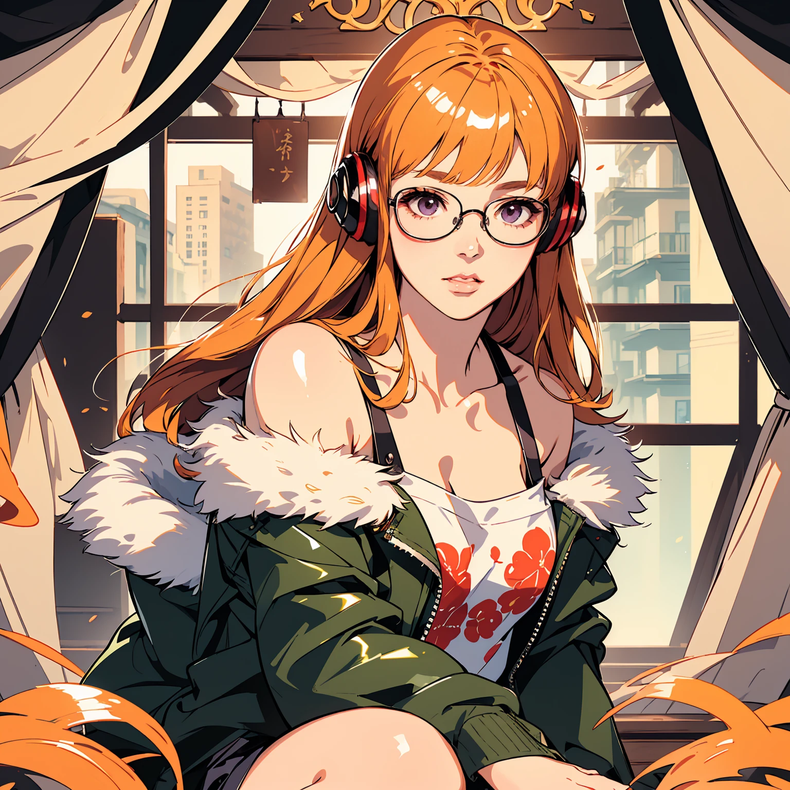 masutepiece, Best Quality, hight resolution, 1girl in, futaba sakura, Blunt bangs, eye glassesの, Burakku Frame Eyewear, Ahoge,orange color hair、  purple eyes、 eye glassesの, headphones, bura, Jacket, off shoulders, Fur trim, fur-trimmed jacket, Green jacket, Shorts, ,the golden hour,A smile that showed teeth、1black cat、tea shop、On the counter、Coffee、futaba sakura、Purple eyes、orange color hair、eye glasses、,​masterpiece、top-quality、Official art、illustratio、ligne claire、(Cool_Farbe)、perfect-composition、focal、acurate, Anatomically correct、 、hight resolution, Beautiful detailed glow, masutepiece*Portrait, 3D Face, Realistic, (masutepiece: 1.3), (max resolution: 1.2), (Ultra HDTV: 1.2), cinematric light, 8K resolution, phi ,​masterpiece、top-quality、Ultra Detail、(((shiny lips: 1.4)))Beautiful face, acurate, Anatomically correct, phiAlways detailed face and skin texture, Detailed eyes, Double eyelids, tThin eyebrows、 pale skin, Lustrous skin all over the body, Perfect face,Always detailed face and skin texture, Detailed eyes, Double eyelids, Thin eyebrows,Natural cheeks, Glossy skin, Fair skin: 1.2, (Glossy lips: 1.4), (((The most beautiful girl)))、(((beautiful a girl)))、（little blush）、（Beautiful face）、 Delicate and beautiful hair, Delicate and beautiful eyes and face, (Beautiful gorgeous cute western woman:1.3),)(((Very Beautiful face))))(((long lashes))))(((Circular twinkling eyes)))(((Glossy and glossy lips))) (((Cheeks with a slight reddish tinge:0.8)))(((Neat and straight nose bridge)))、(((Cowboy Shot)))crouching cowgirl,