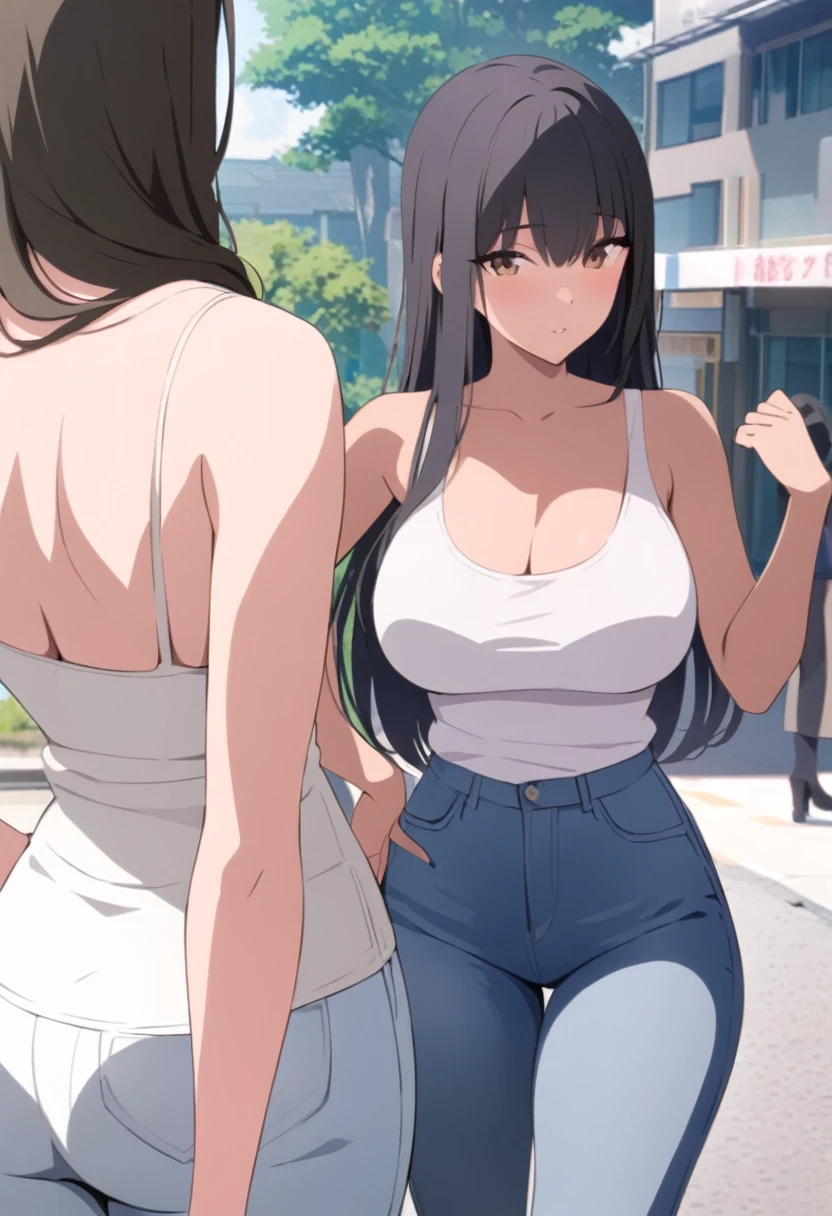 masterpiece、Highest quality、Best image quality、High resolution、Big Breasts、White tank top、jeans、Black Hair、Long Hair、Brown eyearried Woman、Nobody is here、One straight road、30th Generation、woman、Nobody is here
