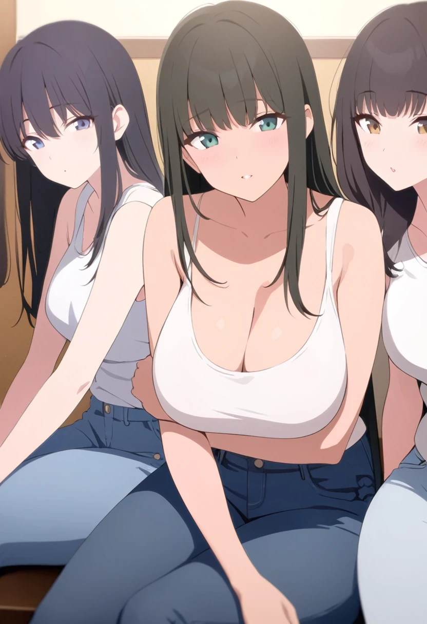 masterpiece、Highest quality、Best image quality、High resolution、Big Breasts、White tank top、jeans、Black Hair、Long Hair、Brown eyearried Woman、Nobody is here、One straight road、30th Generation、woman、Nobody is here