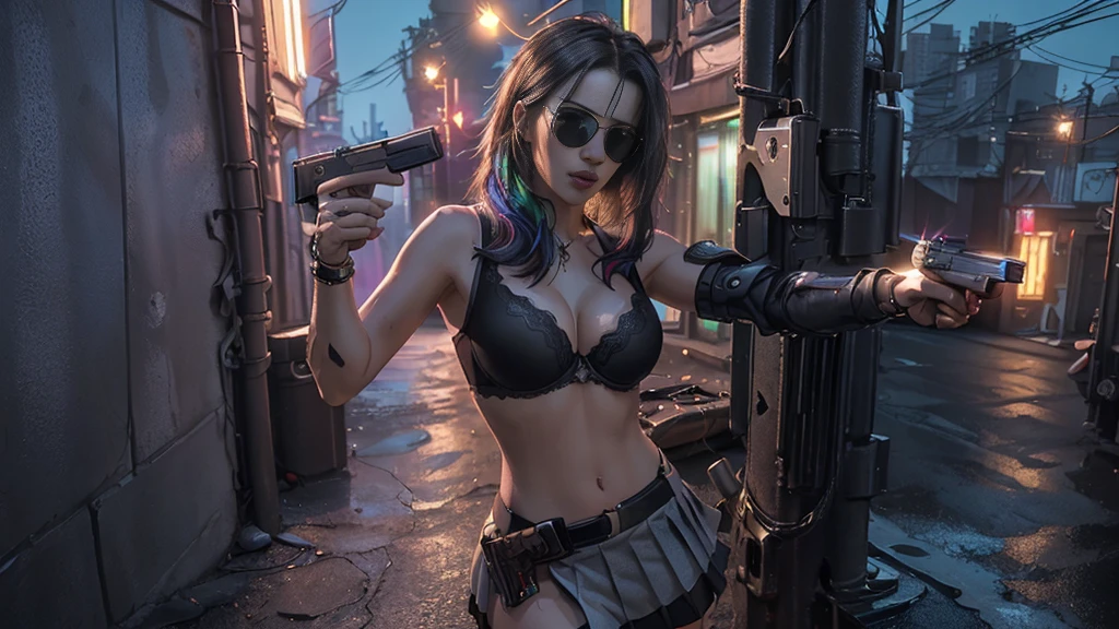 (Realistic:1.4) cyberpunk girl images, (highest quality, 8k, 32k, masterpiece) , (Dynamic pose), ((Front camera)), Cowboy Shot, Shapeless hair, Multicolored Hair, Colorful cyberpunk combat armor, Depth of written interface f/1.8, high angle view of Cyberpunk city (((((at night))))) as background. (((1girl, solo))), photo realistic, (medium-breast slim body, cleavage), (((full bra top, extreamly short pleated (((miniskirt))) exposing panty))), (((((matrix style black sunglasses))))), (((((((aiming at viewer with a (pistol), (looking at camera)))))))), (((((half-body (thigh level) medium shot))))), (cinematic lighting).
