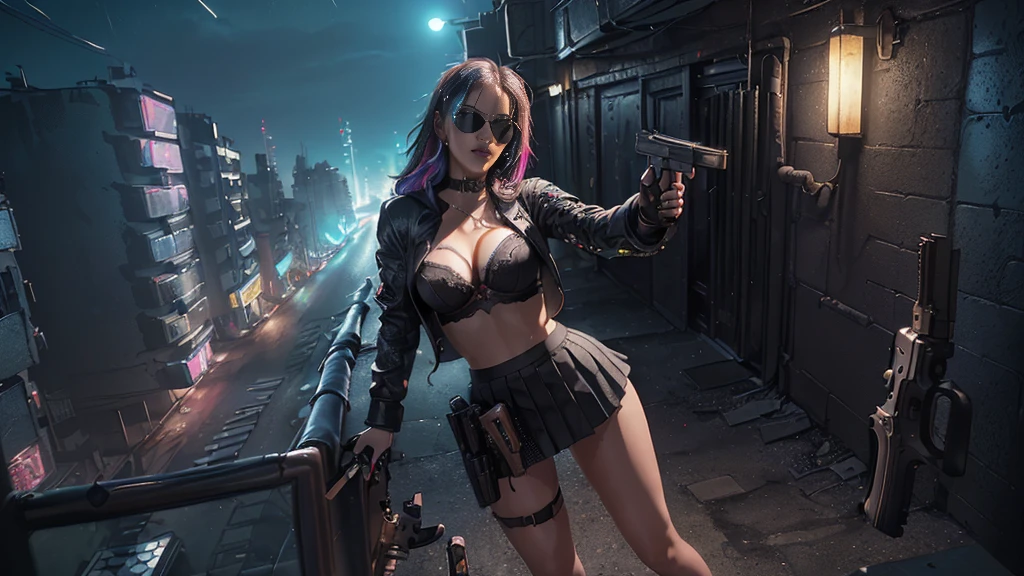 (Realistic:1.4) cyberpunk girl images, (highest quality, 8k, 32k, masterpiece) , (Dynamic pose), ((Front camera)), Cowboy Shot, Shapeless hair, Multicolored Hair, Colorful cyberpunk combat armor, Depth of written interface f/1.8, high angle view of Cyberpunk city (((((at night))))) as background. (((1girl, solo))), photo realistic, (medium-breast slim body, cleavage), (((full bra top, extreamly short pleated (((miniskirt))) exposing panty))), (((((matrix style black sunglasses))))), (((((((aiming at viewer with a (pistol), (looking at camera)))))))), (((((half-body (thigh level) medium shot))))), (cinematic lighting).
