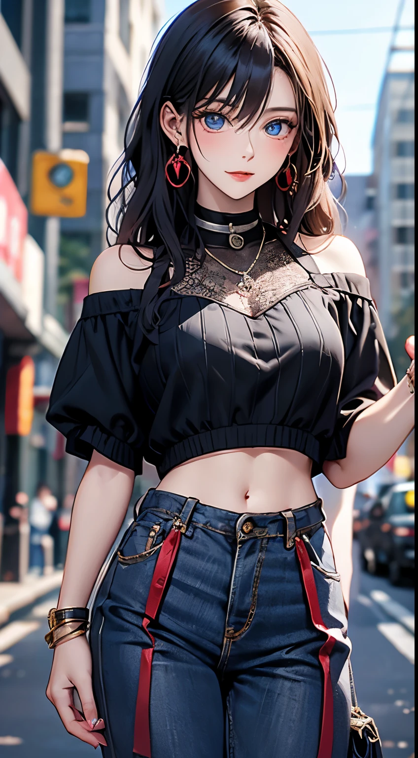 top-quality、Top image quality、masterpiece、girl with((18year old、 Beautiful Aloha Shirts、Black bra、Blue long trousers、Best Bust、Bust 85、a blond、Semi-long、Blue eyes、open chest wide、Valley、Happiness、A slender、Troubled face、Gold Earrings、Silver Watch、Hold hands with your audience))hiquality、Beautiful Art、Background with((movie theatre)、masutepiece、Elaborate design、visualart