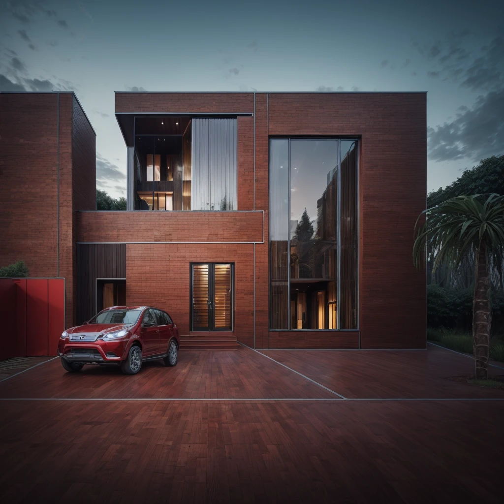 photorealistic,modern house,facade,modern house red brick facade,512k,high detailed,phot real, award winning, large glass window on the right side, wooden planks stacks on the upper floor on the left side, grass,plants,trees,evening,interior lights,((red brick façade))
