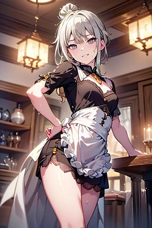 (A masterpiece of image quality in 8K),(from below:1.2),(Beautiful Allafed Woman),(((emphasizing breasts:1.0))),(Dynamic angles),(Dynamic and sexy bending pose:1.3),(sit a chair:1.3),(Short hair in shiny silver and orange inner colors,(perky chest:1.1), (pointed chest:1.3),small full breasts,Disturbance of clothing due to movement,breast slip,(Ponytail twisted buns adorned with elaborate braids and beads,Braided Setup Fishbone Hair,),(see-through bangs),small breasts、(((A white lace apron that shows your bare skin from under your small breasts)))、Blush with embarrassment、Enraptured eyes、A smile that beguiles the viewer、(Look back:1.2)、Look into the photographer,skin glistening with sweat,gazing at viewer,,(Professional Lighting),(8K,masutepiece,top-quality,Ultra-high resolution output image,),(Ultra HD with complex detail image modes),depth of fields,Beautiful hands,Beautiful fingers,Detailed finger features,(Detailed hair features:1.7),detailed facial features,detailed clothes features,