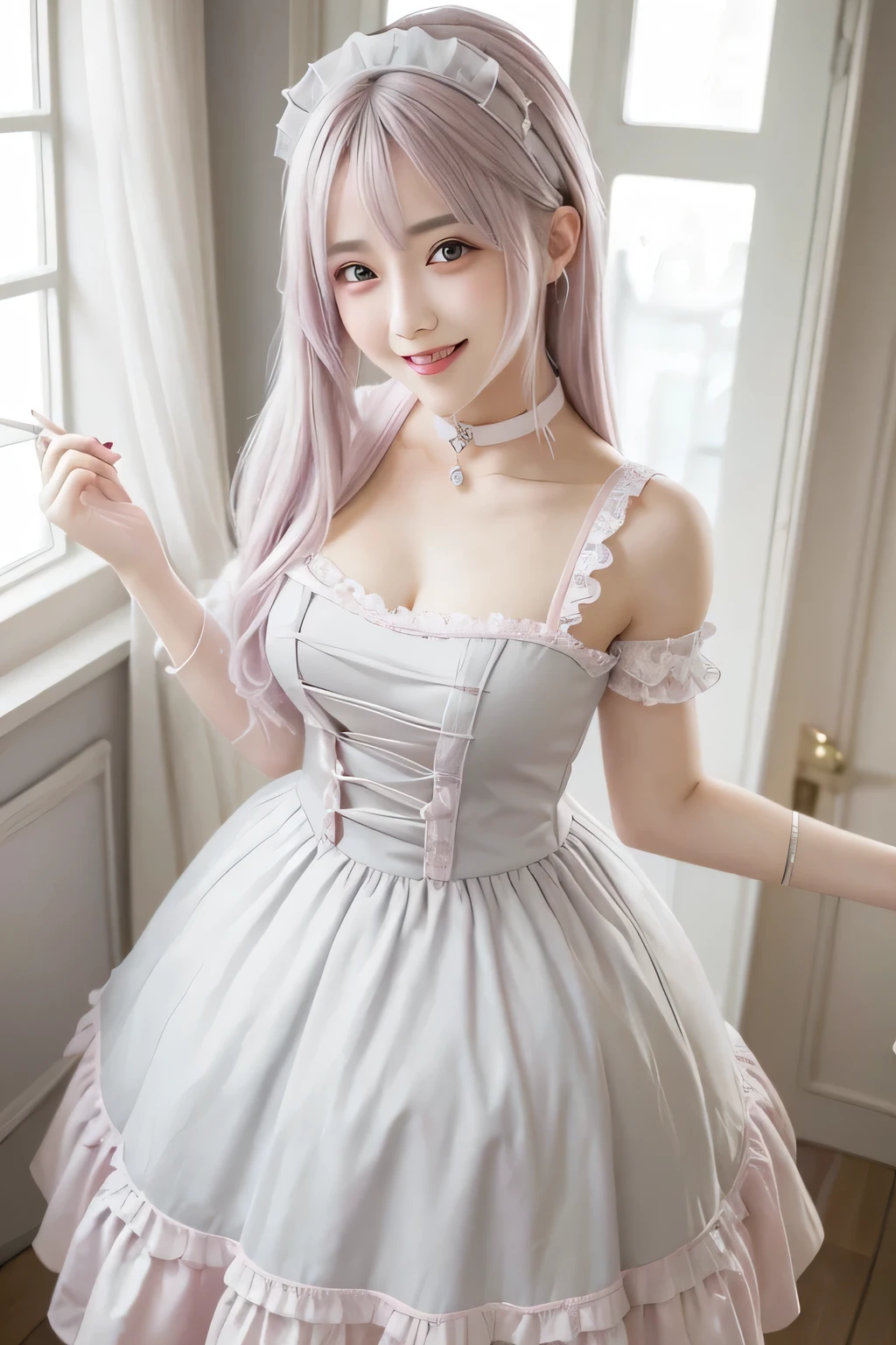 Highest quality、High resolution、8K、beautiful girl、Light grey and pink hair、choker、Devilish、Maid clothes、gal、Toothy smile