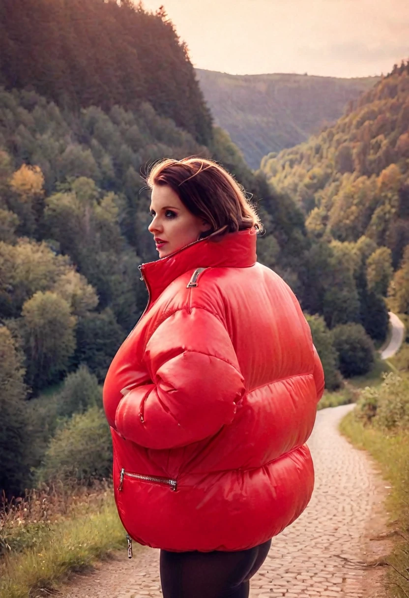 Make a woman with big boobs, red pufferjacket , with open zipper, with face, body, landscape, deep focus, vintage film grain, color correction retro style, soft lighting
