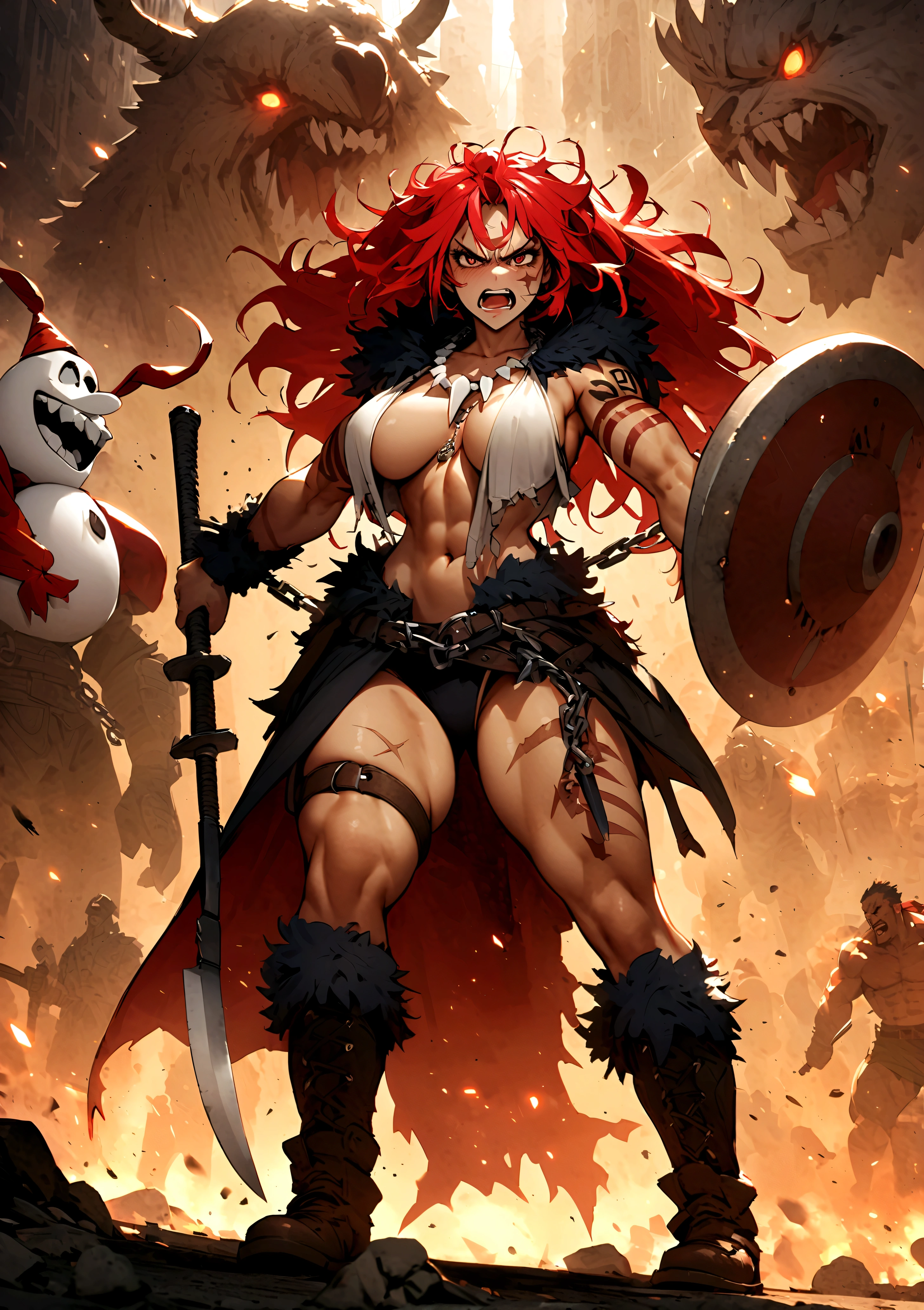 Berserker, Warrior, masutepiece, Best Quality, super detailed, Illustration, Super Detailed Face, best faces, Wild, 30 years old, Adult, 1girl in, angry expressions, brutality, Big , muscular, super strong, bandaged, Scar, war fanatic, two-handed giant ax, Olaf, red messy hair, Wild Costume, Fur coat, Tooth necklace, chains, long boots, Tattoo of the lower abdomen, hunting knife, hunter, fur ornament, Intricate details