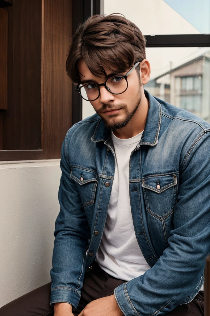 Create a image of boy wearing black frame metal spectacles having brown hair with beards wearing blue jacket upper and white tshirt inside sitting straight and heads are slightly down
