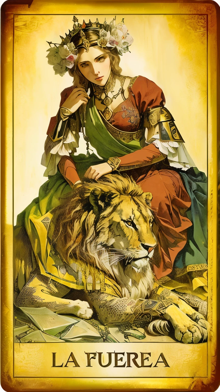 a Carta de tarot with a woman sitting on a lion, old-fashioned Carta de tarot, Carta de tarot the empress, the lover Carta de tarot, the Carta de tarot of earthly demise, [ Carta de tarot ]!!!!!, the empress Carta de tarot, the justice Carta de tarot, as a Carta de tarot, the lovers Carta de tarot, Carta de tarot, by Zoran Mušič