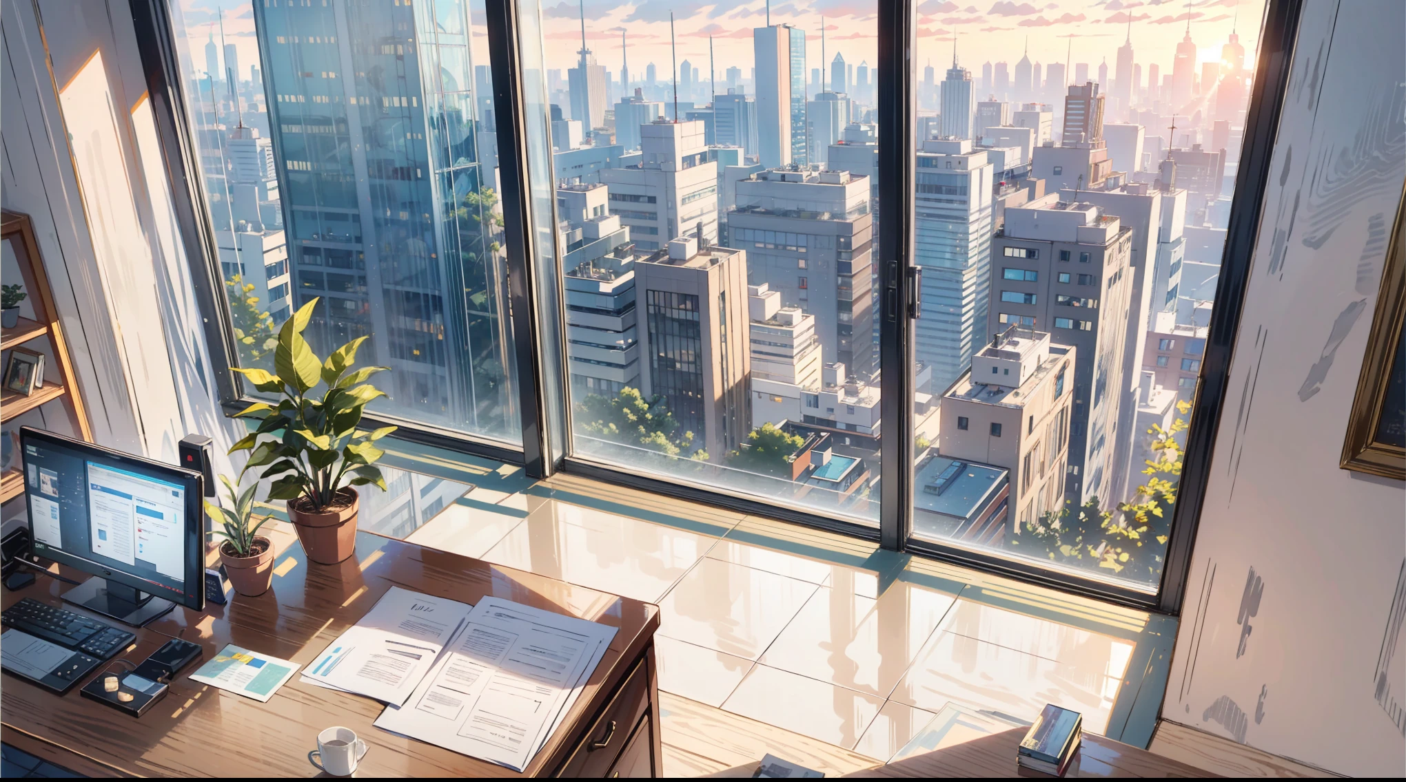 （best quality，masterpiece：1.2，detailed details，4k）， office, president's office, floor-to-ceiling windows, potted plants, computers and documents on the desk, top-down view scene,
