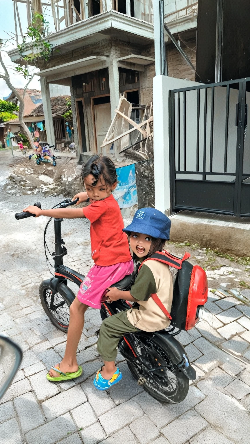 there are two children riding on a small bike on the street, ???, with a kid, kids, little kid, in a village street, very very happy!, by Emma Andijewska, riding a bike, riding on the road, looks smart, in a village, riding a motorbike, children, 😭 🤮 💕 🎀, very consistent