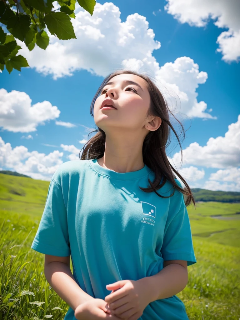 White clouds in a beautiful blue sky A girl looking up at the sky on a green hill