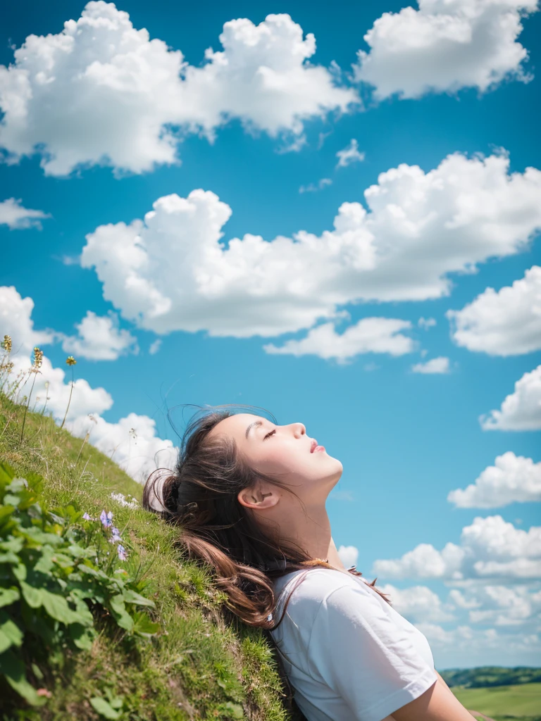White clouds in a beautiful blue sky　A girl looking up at the sky on a green hill　