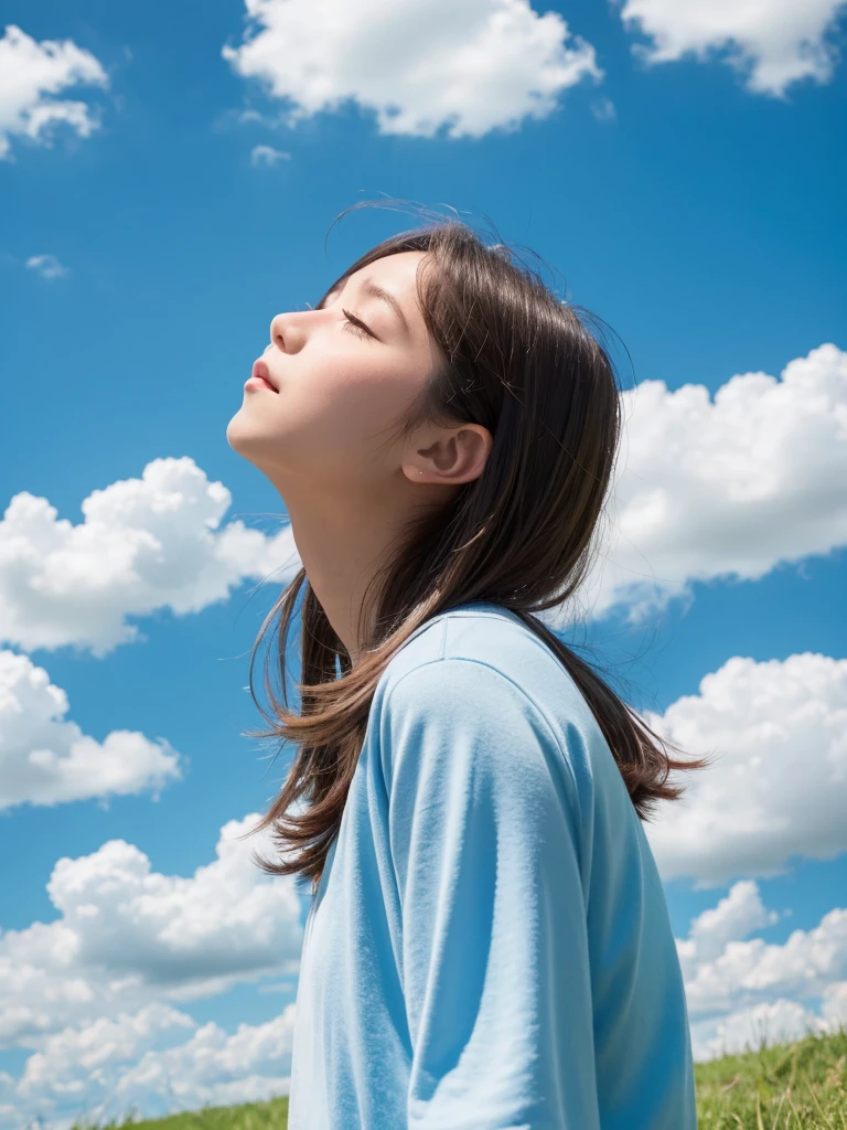 White clouds in a beautiful blue sky　A girl looking up at the sky on a green hill　