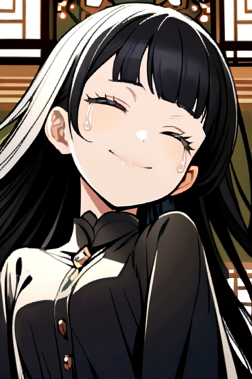 A beautiful black haired girl crying her eyes closed (pointed upwards), smiling sadly,has long eyelashes,has bangs wears a girls
