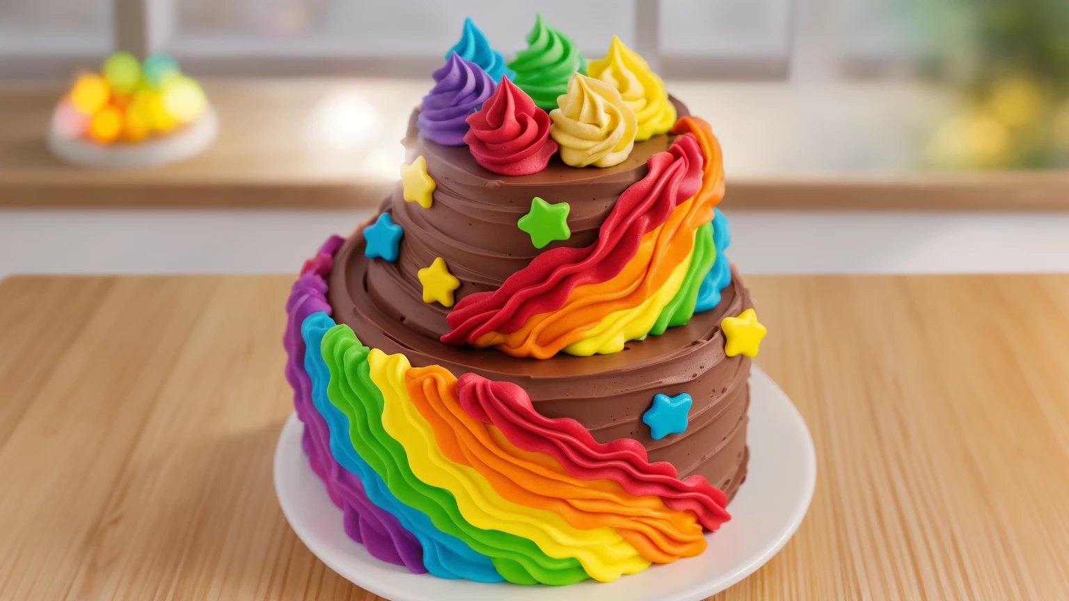 on a wooden table. there is a white plate. double tier chocolate cake ((chocolate cream texture, strokes of a pastry spatula)), rainbow cream in stitches, decorated with rainbow stars made of polymer clay, multi-colored cream on top ((cream highlights)), against the background of the kitchen, Beautiful light from the window, contour light, Multiple light sources, beautiful lighting, Bright light source, bright lighting, beautiful light sources, Multiple light sources, Realistic style , realistic texture, detailed texture, A high resolution, high quality, macro photography 