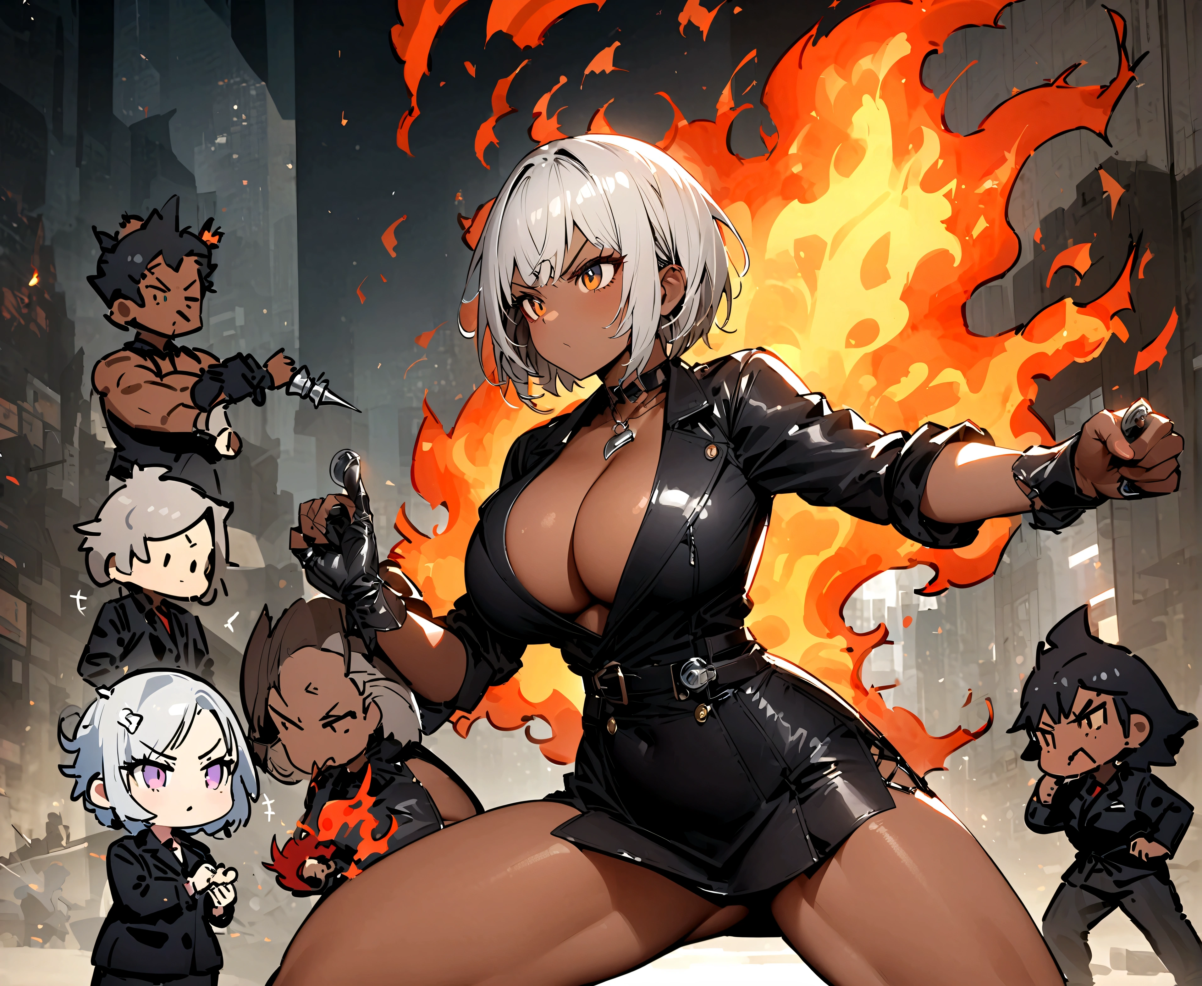 Outrageous resolution、masterpiece++、top-quality++、ultra-definition++、ultra-definition++、4K++、8K++、from side、(Background Focus)++、((1)))+++A woman in sexy clothes stands ready for battle on the battlefield destroying a city. a muscular, big-breasted, dark-skinned, silver-haired, short-haired mature woman in a black jacket wears a thimble glove and is covered in flames.、Rune is a muscular mature woman with big breasts, brown skin, and short silver hair, wearing a black jacket and wearing a thimble glove, wearing a black jacket and ready for battle.、a muscular mature woman with big breasts, brown skin, and short silver hair, wearing a black jacket and wearing a thimble glove, is in a battle stance and is surrounded by magic.、a muscular mature woman with big breasts, brown skin, and short silver hair wears a black jacket and flies above the ground in a fighting stance, wearing thimble gloves and wearing flames.、a muscular, big-breasted dark-skinned, short-haired, silver-haired mature woman wearing a black jacket and wearing a thimble glove is wearing a flame.、a muscular, big-breasted, dark-skinned, silver-haired, short-haired mature woman wearing a black jacket and wearing a thimble glove is wearing a thimble glove and wearing a flame.、Detailed contemporary art、Contemporary Art Style、Break A beautiful modern battle ready muscular big breasted dark skinned silver haired short haired mature woman in a black jacket wears a thimble glove and is a witch wrapped in flames.、a muscular, big-breasted, brown-skinned, silver-haired, short-haired mature woman wearing a black jacket and wearing a thimble glove is a college student wearing a flame.、Contemporary Art Behans、a muscular mature woman with big breasts, brown skin, and short silver hair is wearing a black jacket in a fighting stance, and a high school student wearing thimble gloves and wearing flames.、a muscular mature woman with big breasts, brown skin, and short silver hair, wearing a black jacket and wearing a thimble g